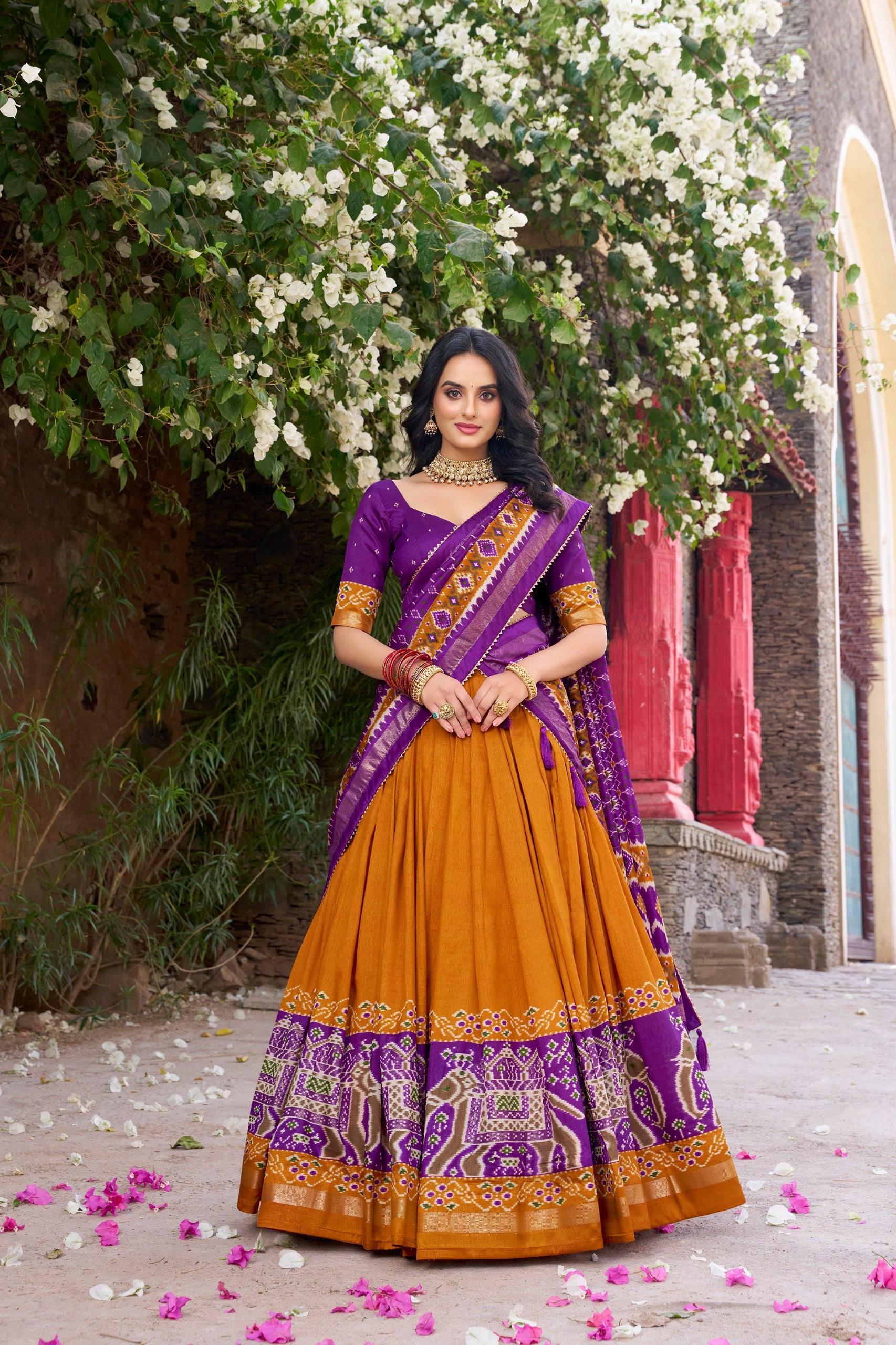 Tussar Silk Patola Printed Festive Lehenga Choli with Foil Work