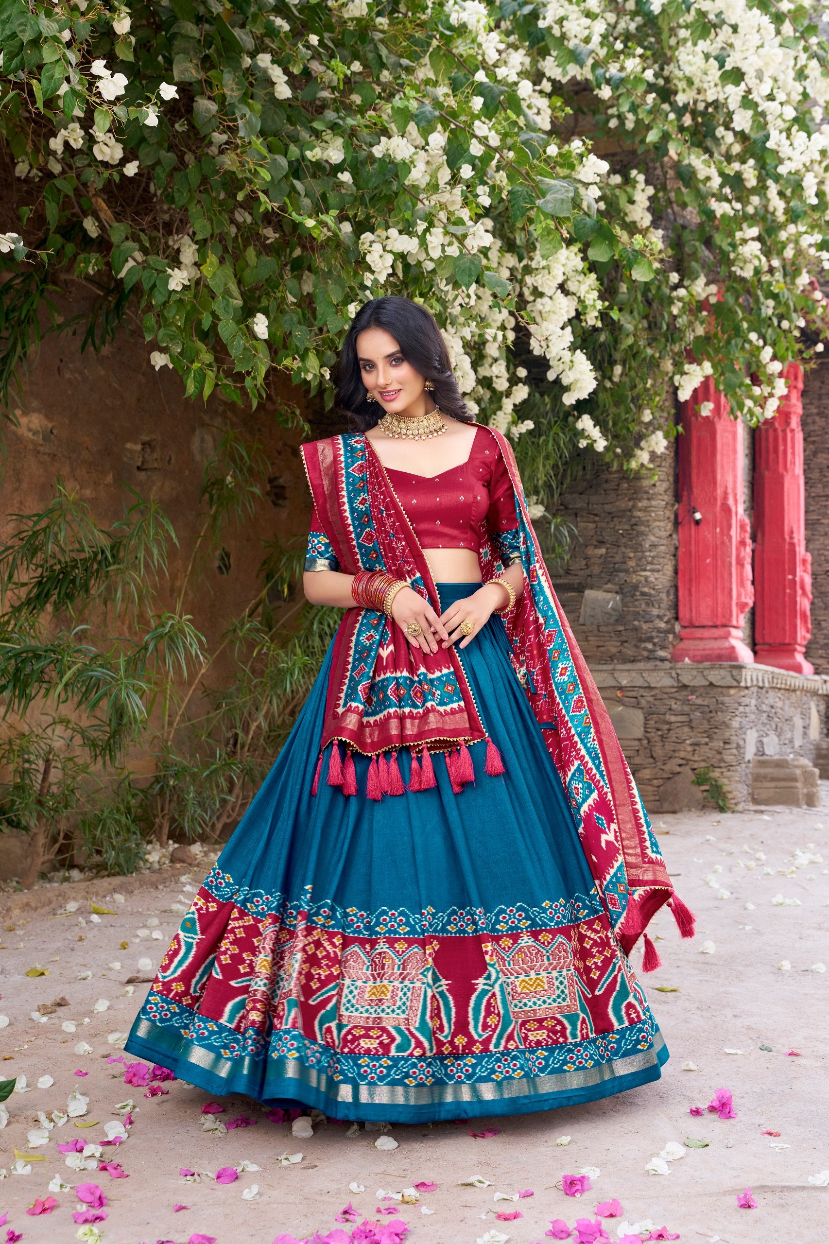 Tussar Silk Patola Printed Festive Lehenga Choli with Foil Work