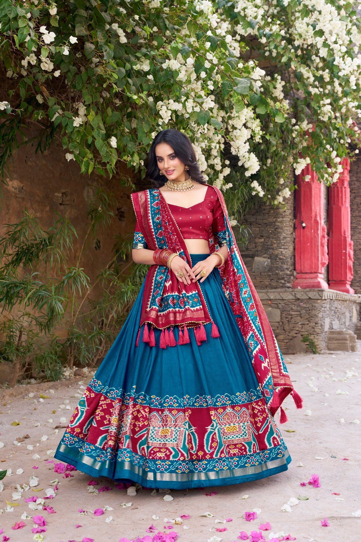 Tussar Silk Patola Printed Festive Lehenga Choli with Foil Work