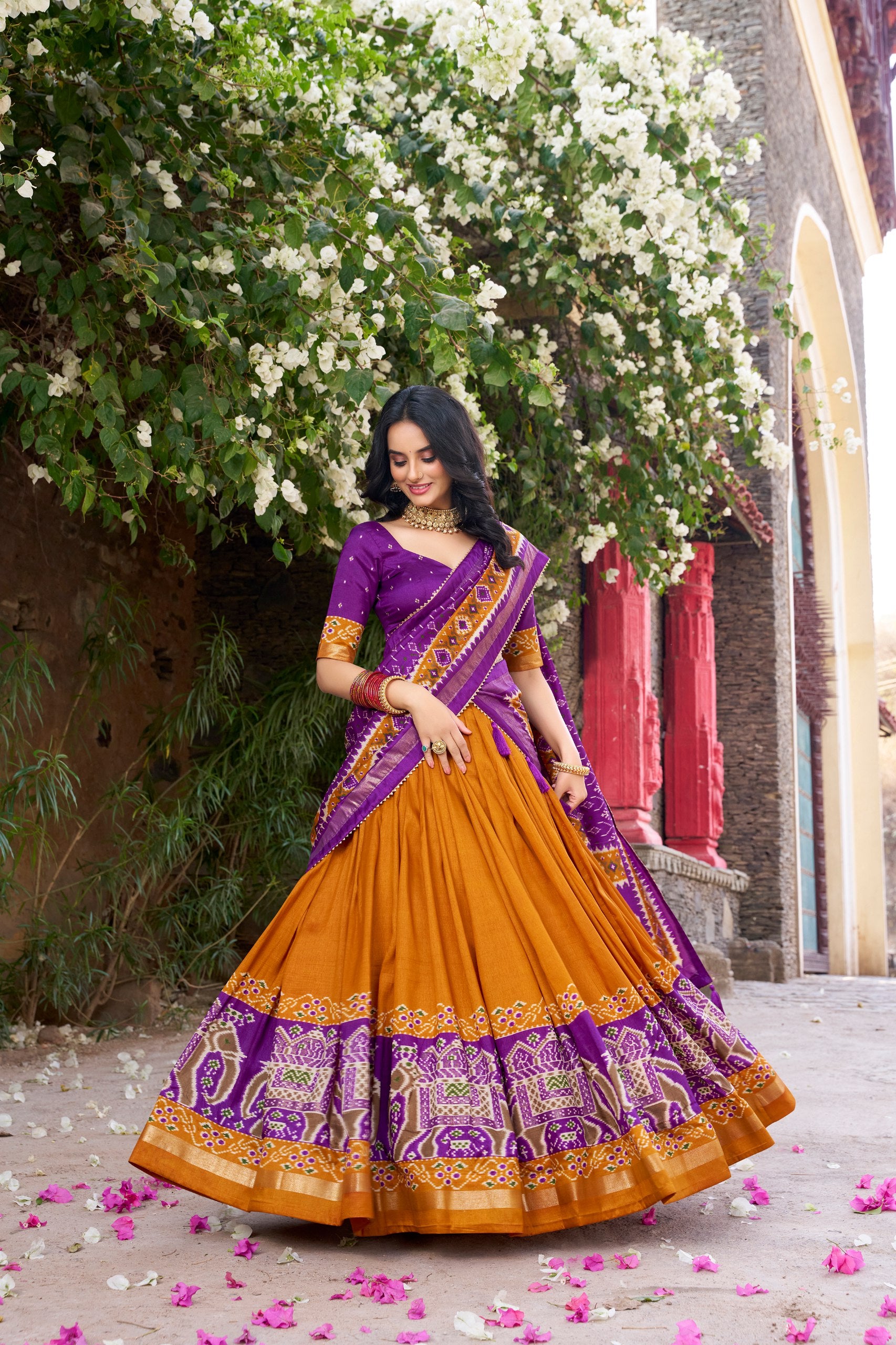 Tussar Silk Patola Printed Festive Lehenga Choli with Foil Work