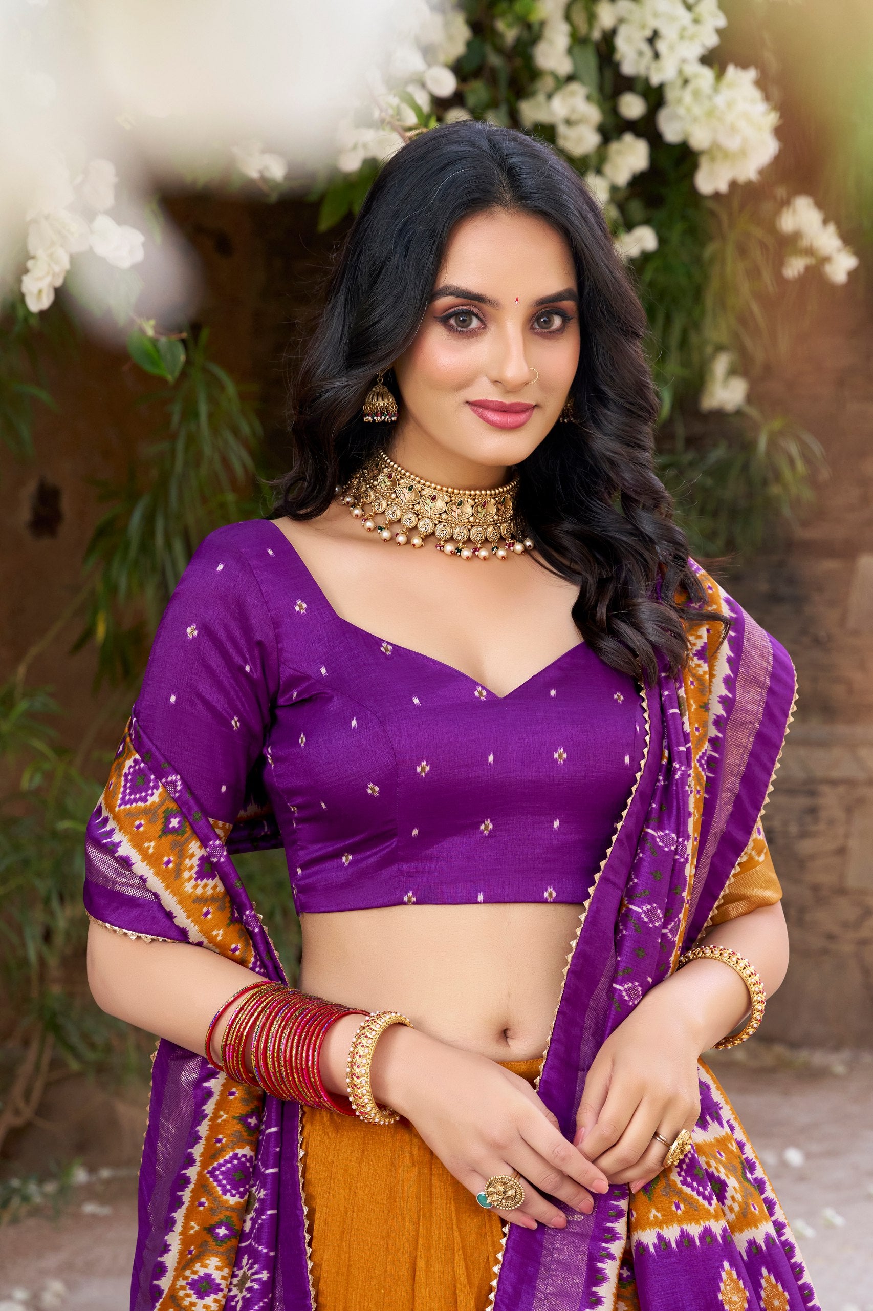 Tussar Silk Patola Printed Festive Lehenga Choli with Foil Work