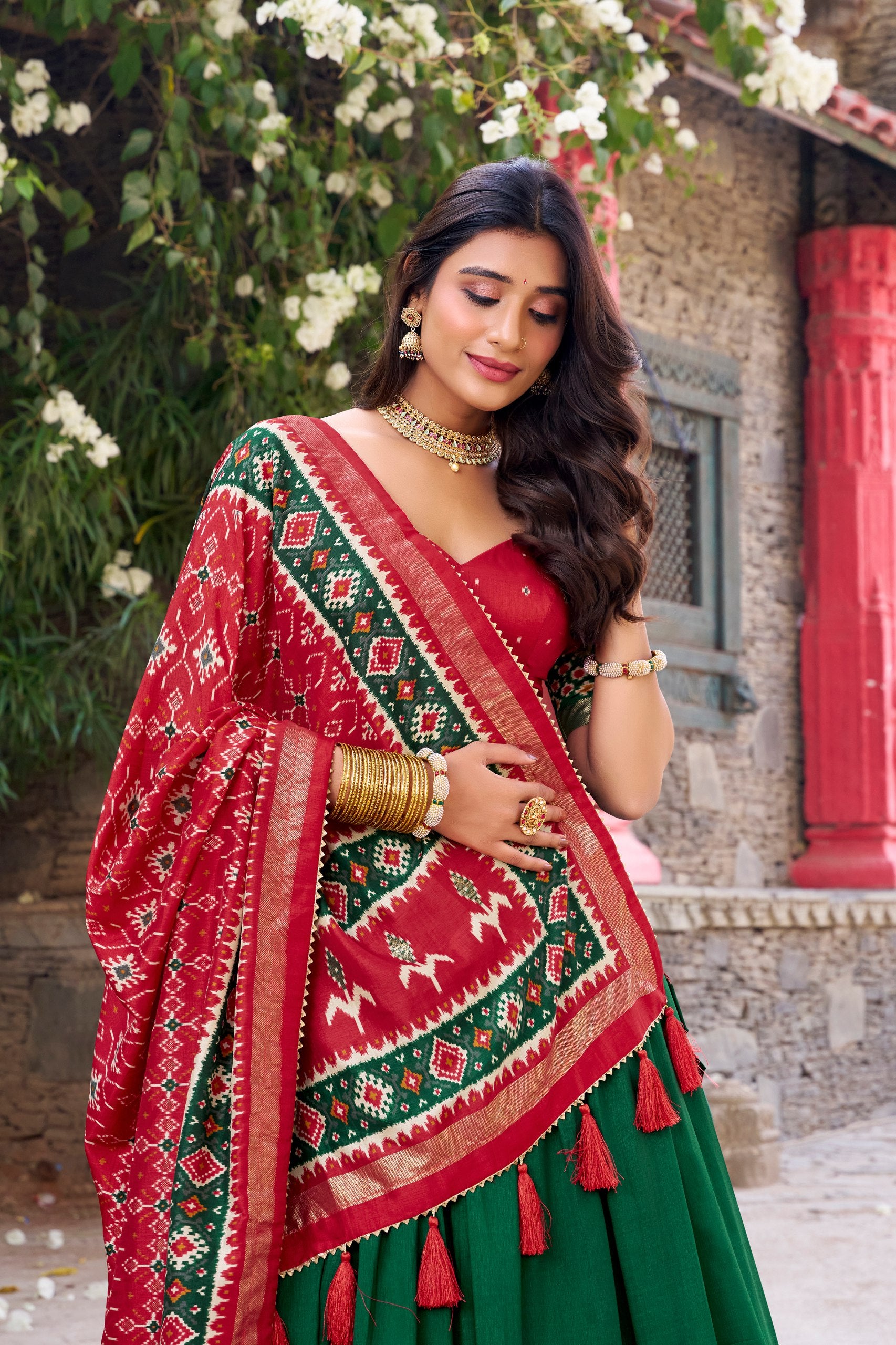 Tussar Silk Patola Printed Festive Lehenga Choli with Foil Work