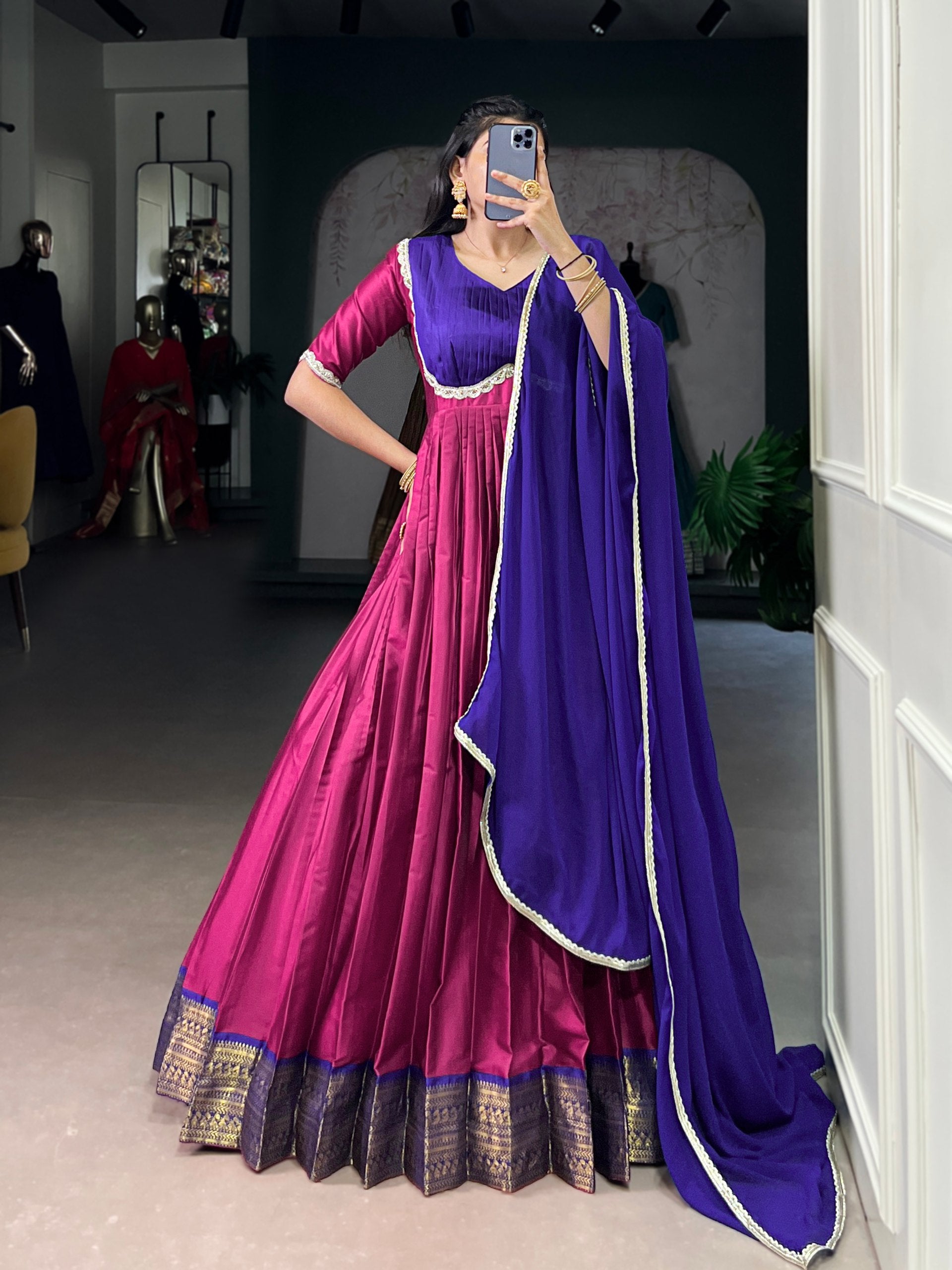 Pink Silk Zari Weaving Festive Wear Gown With Dupatta for Women