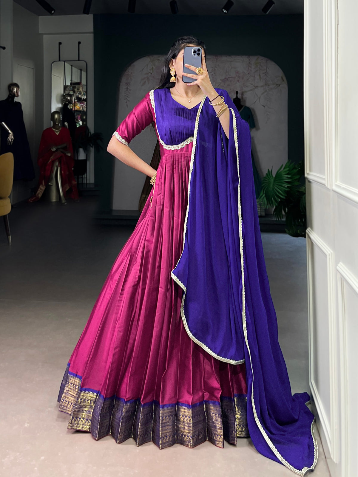 Pink Silk Zari Weaving Festive Wear Gown With Dupatta for Women