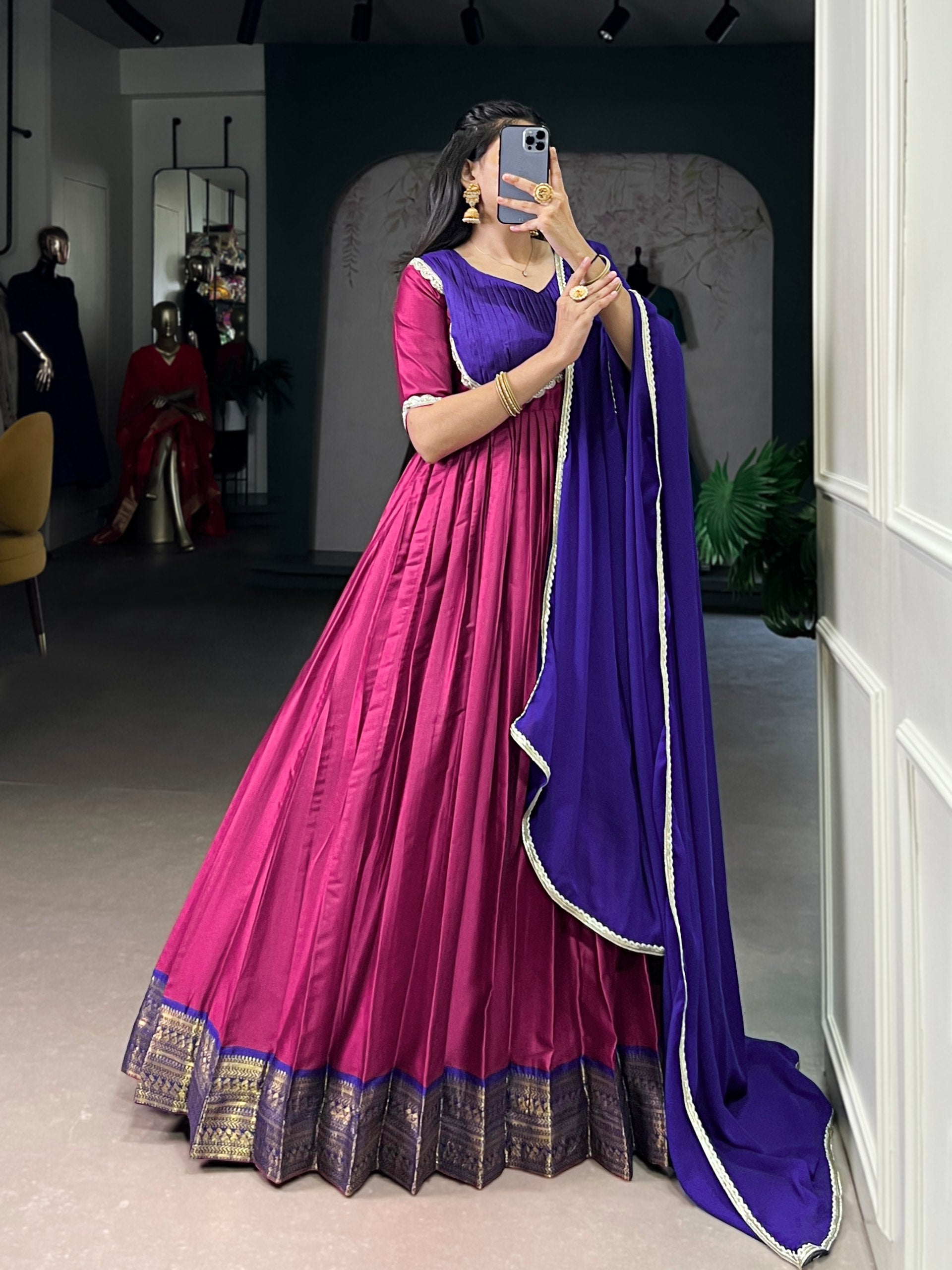 Pink Silk Zari Weaving Festive Wear Gown With Dupatta for Women