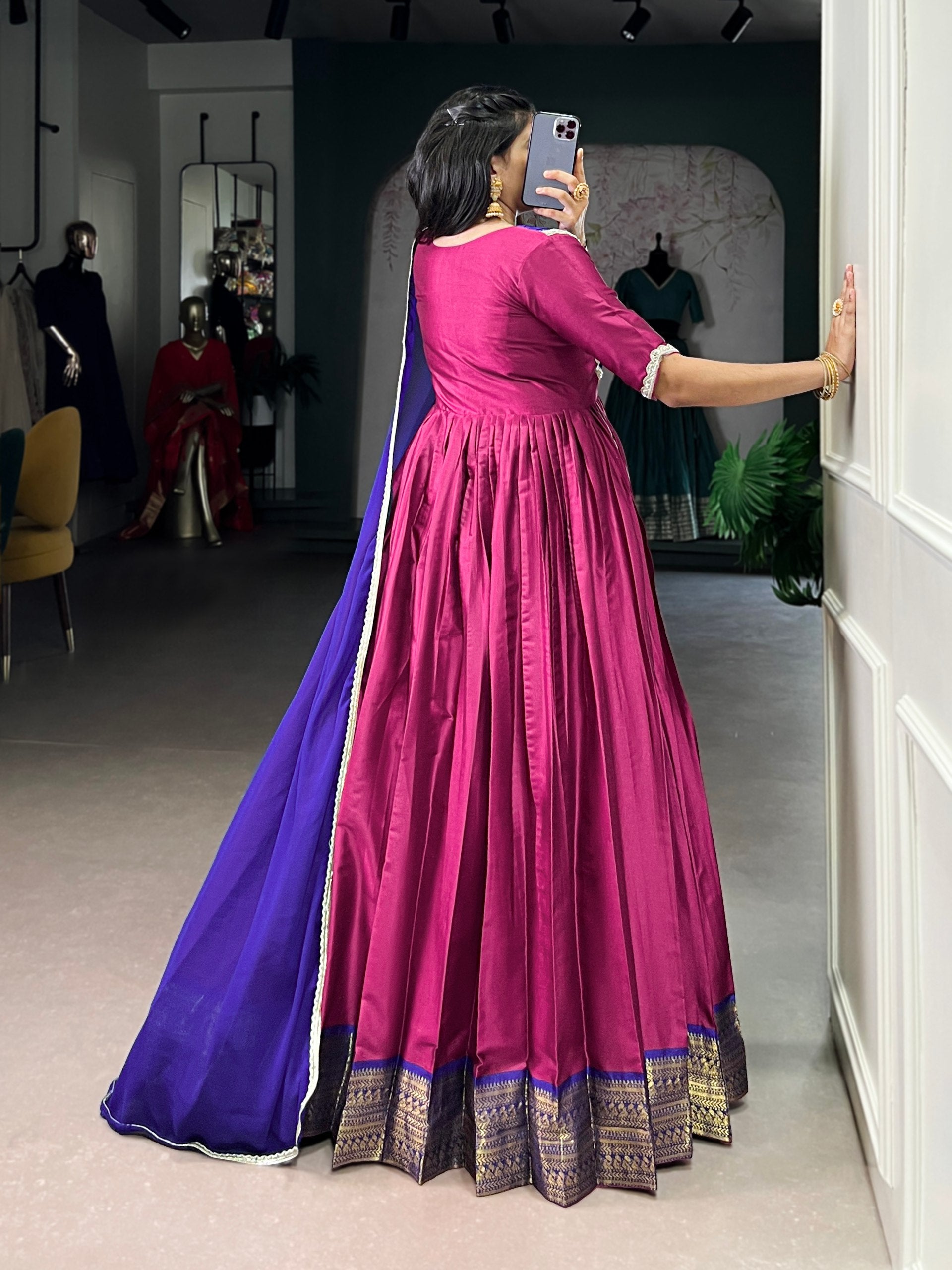 Pink Silk Zari Weaving Festive Wear Gown With Dupatta for Women