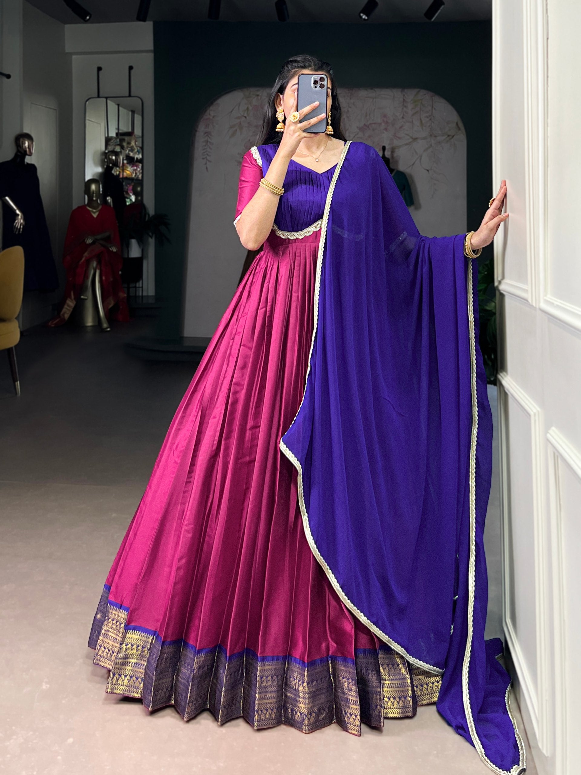 Pink Silk Zari Weaving Festive Wear Gown With Dupatta for Women