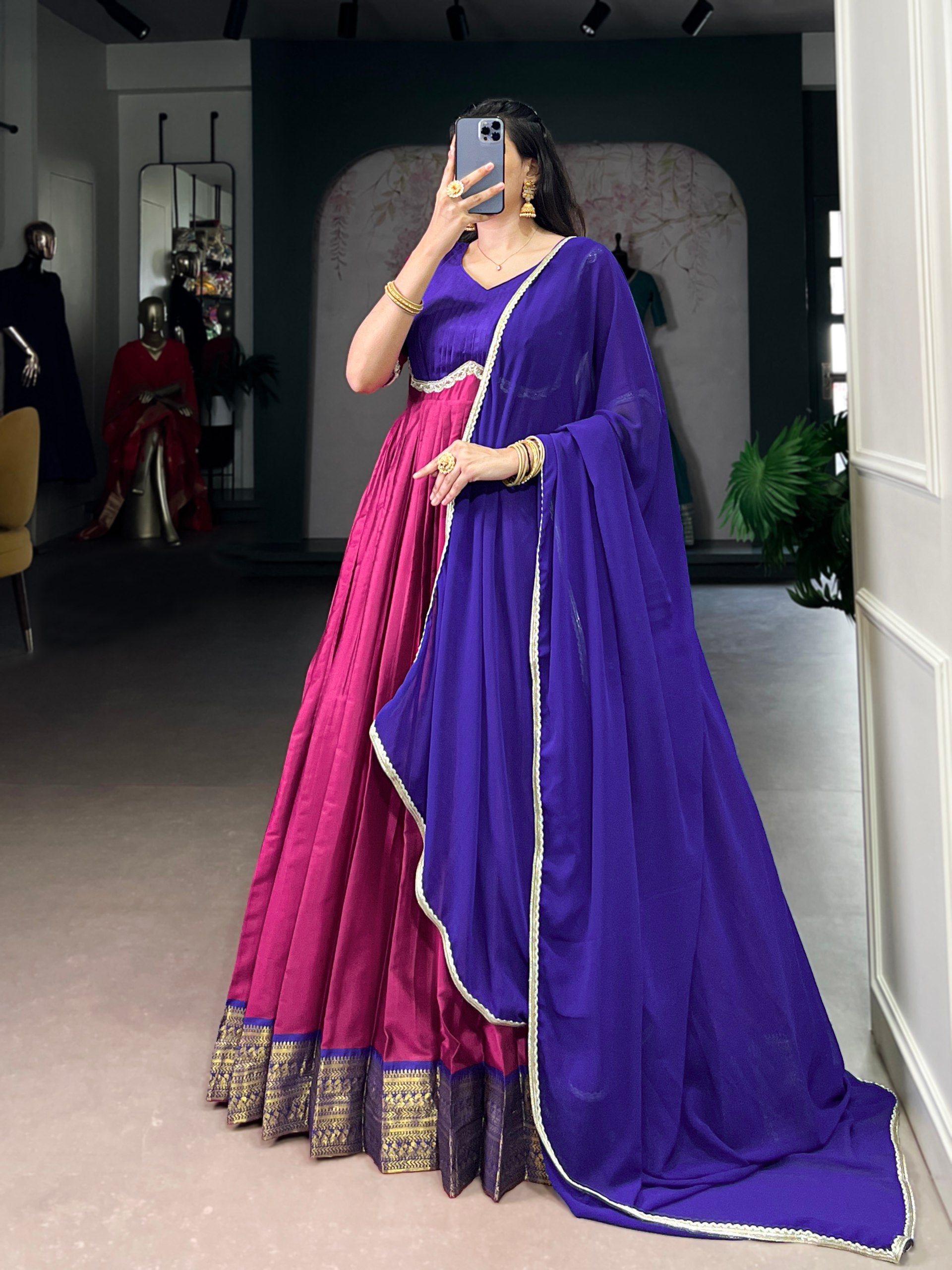 Pink Silk Zari Weaving Festive Wear Gown With Dupatta for Women