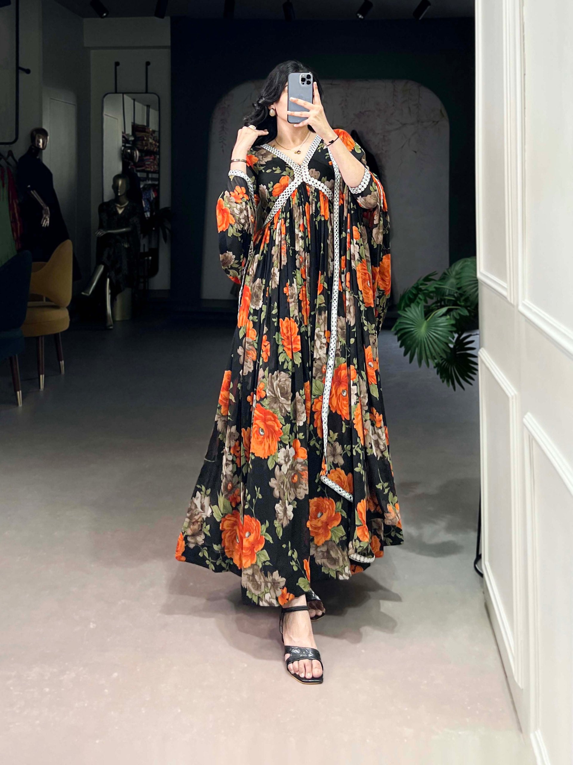 Georgette Floral Print Casual Wear Gown With Dupatta