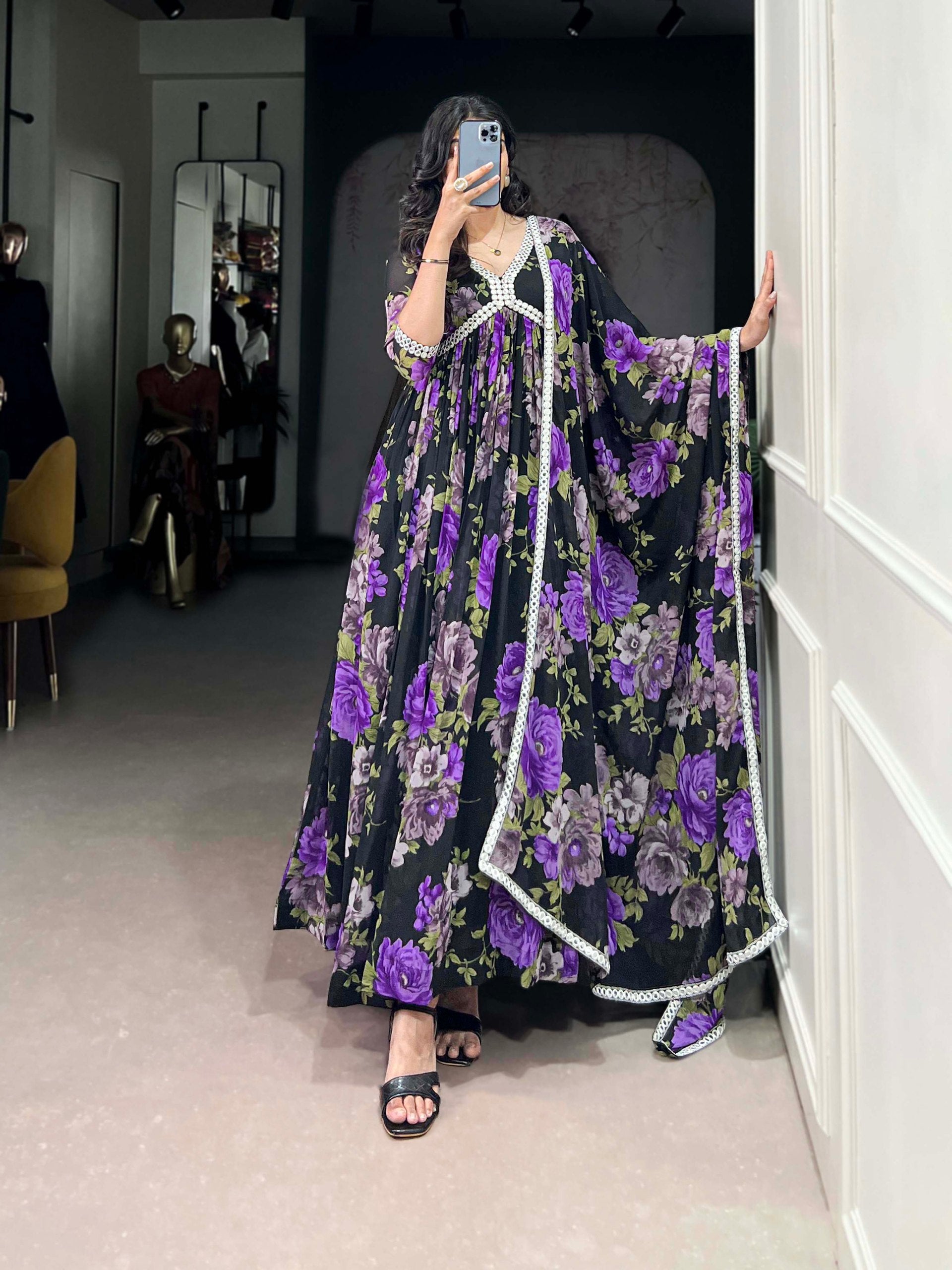 Georgette Floral Print Casual Wear Gown With Dupatta