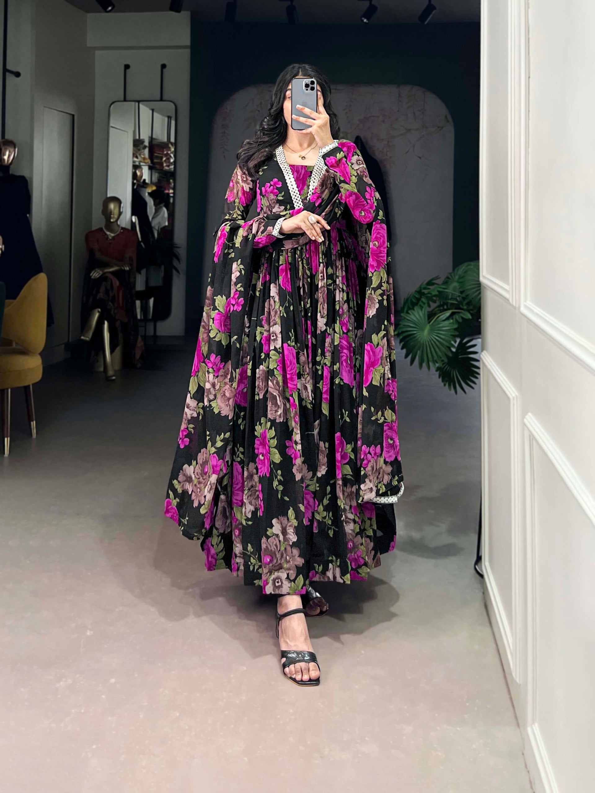 Georgette Floral Print Casual Wear Gown With Dupatta
