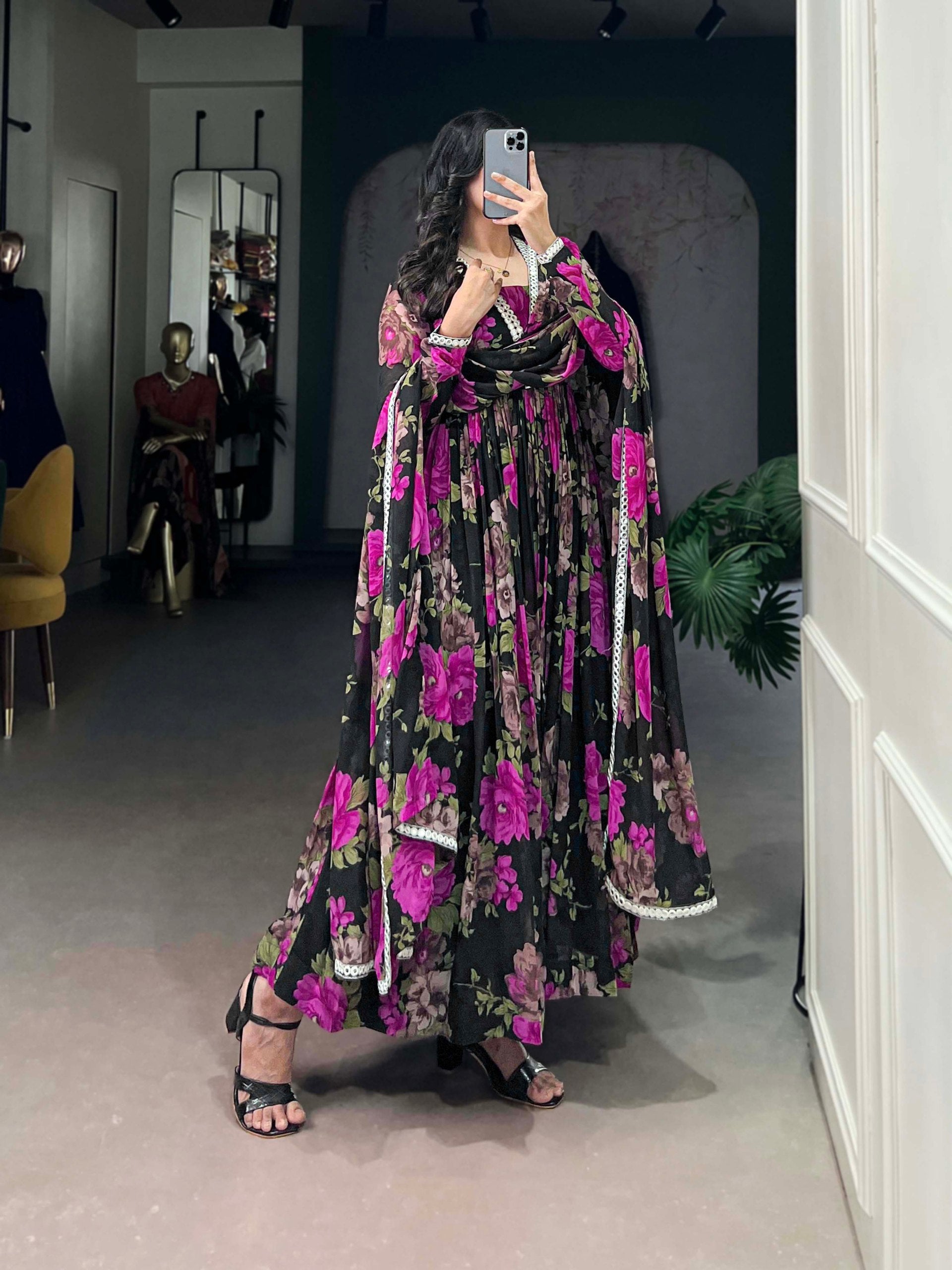 Georgette Floral Print Casual Wear Gown With Dupatta