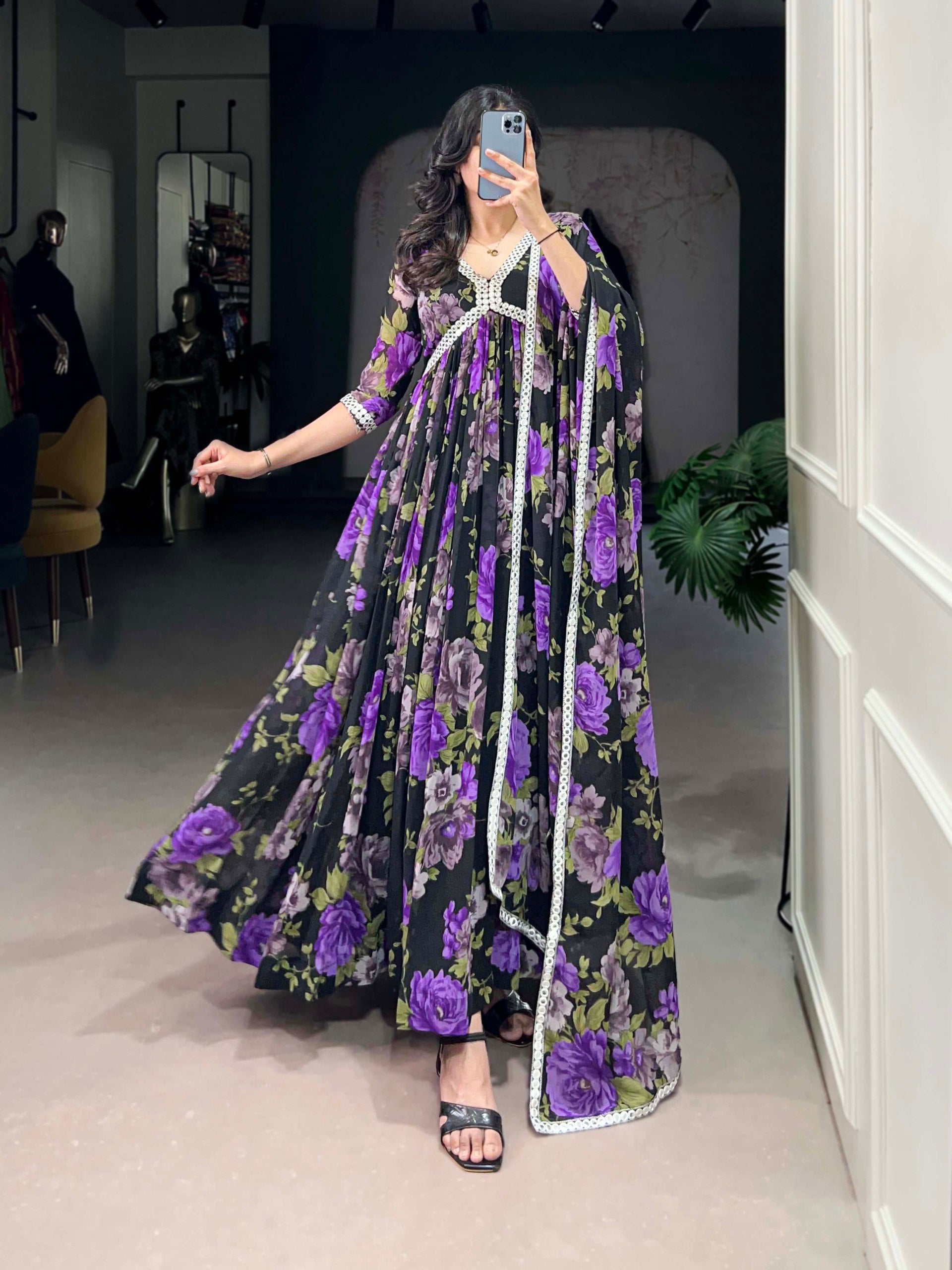 Georgette Floral Print Casual Wear Gown With Dupatta