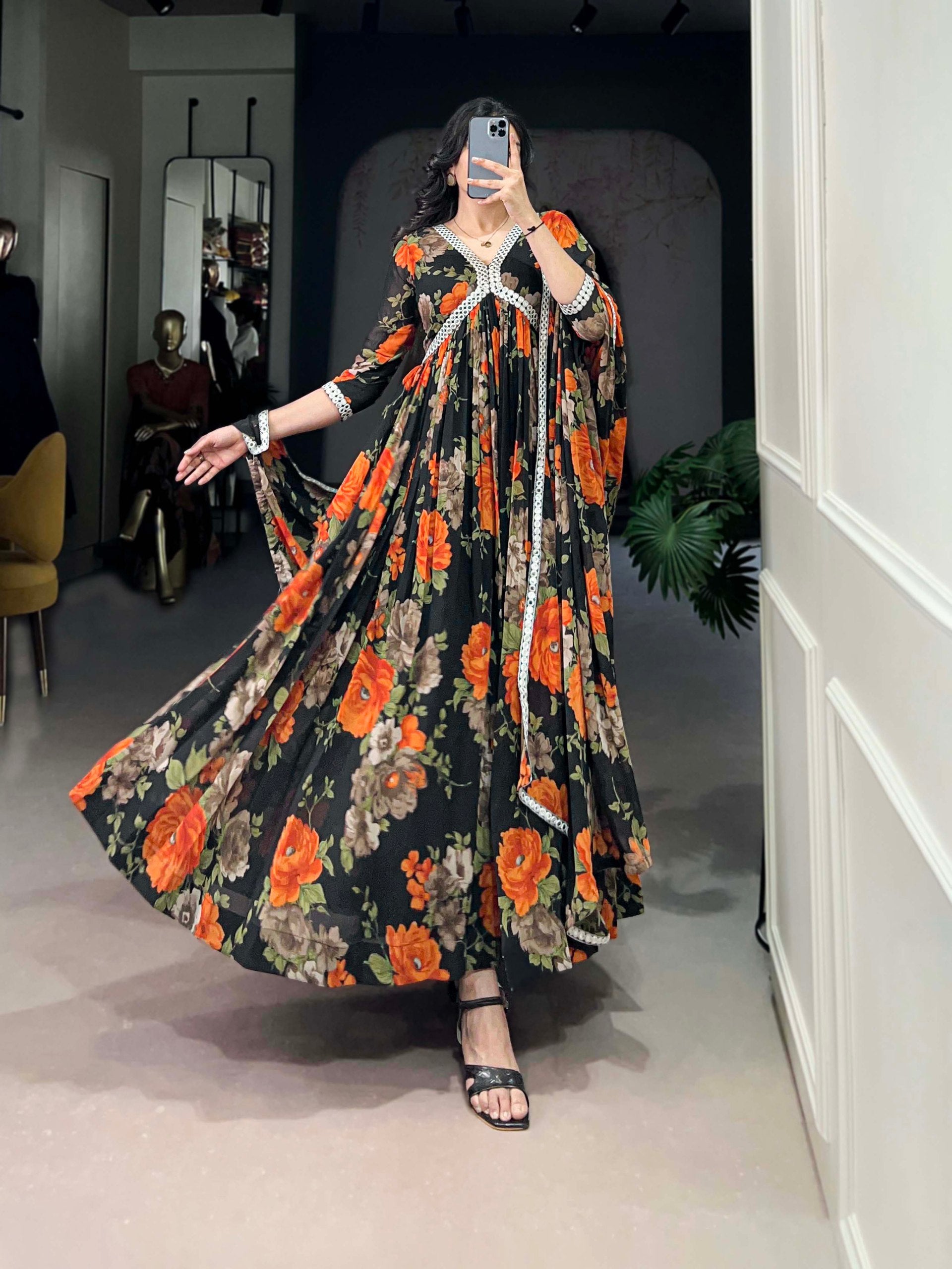Georgette Floral Print Casual Wear Gown With Dupatta