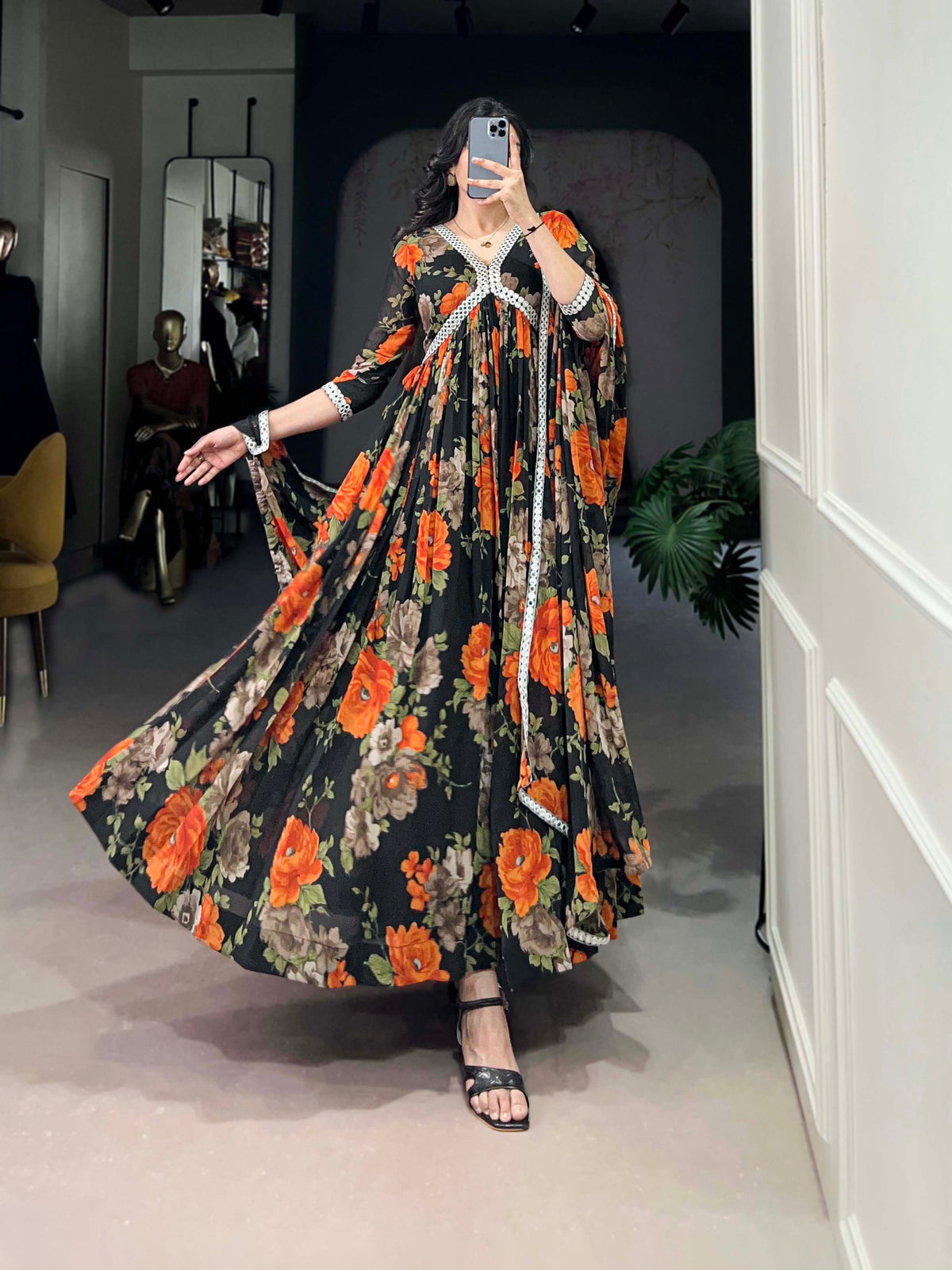 Georgette Floral Print Casual Wear Gown With Dupatta
