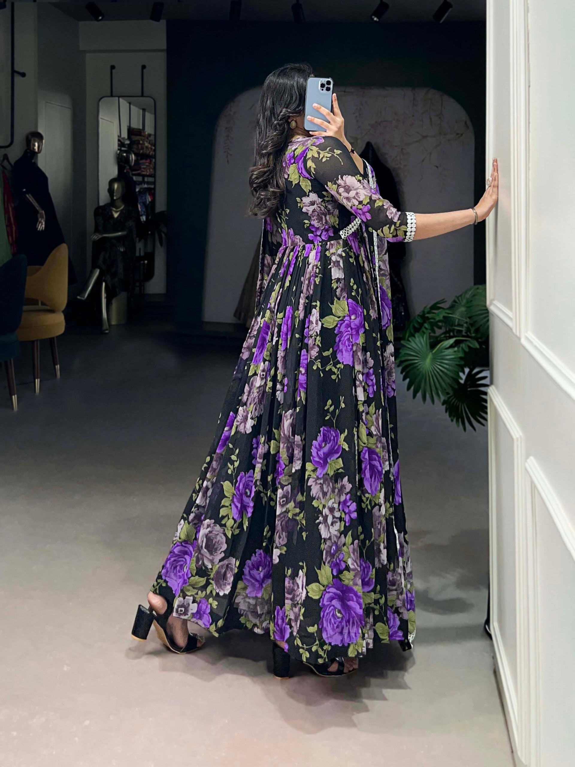 Georgette Floral Print Casual Wear Gown With Dupatta