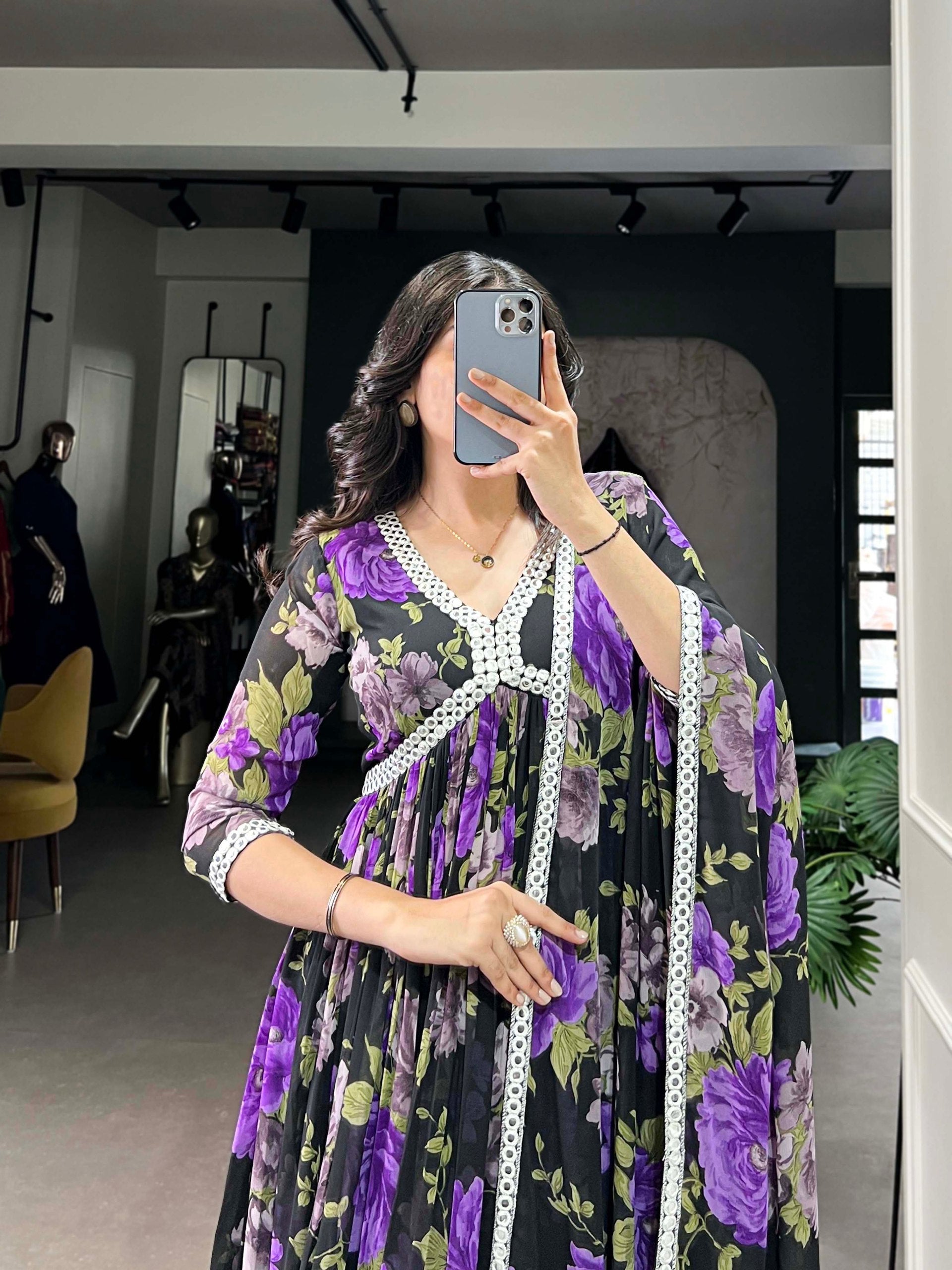 Georgette Floral Print Casual Wear Gown With Dupatta