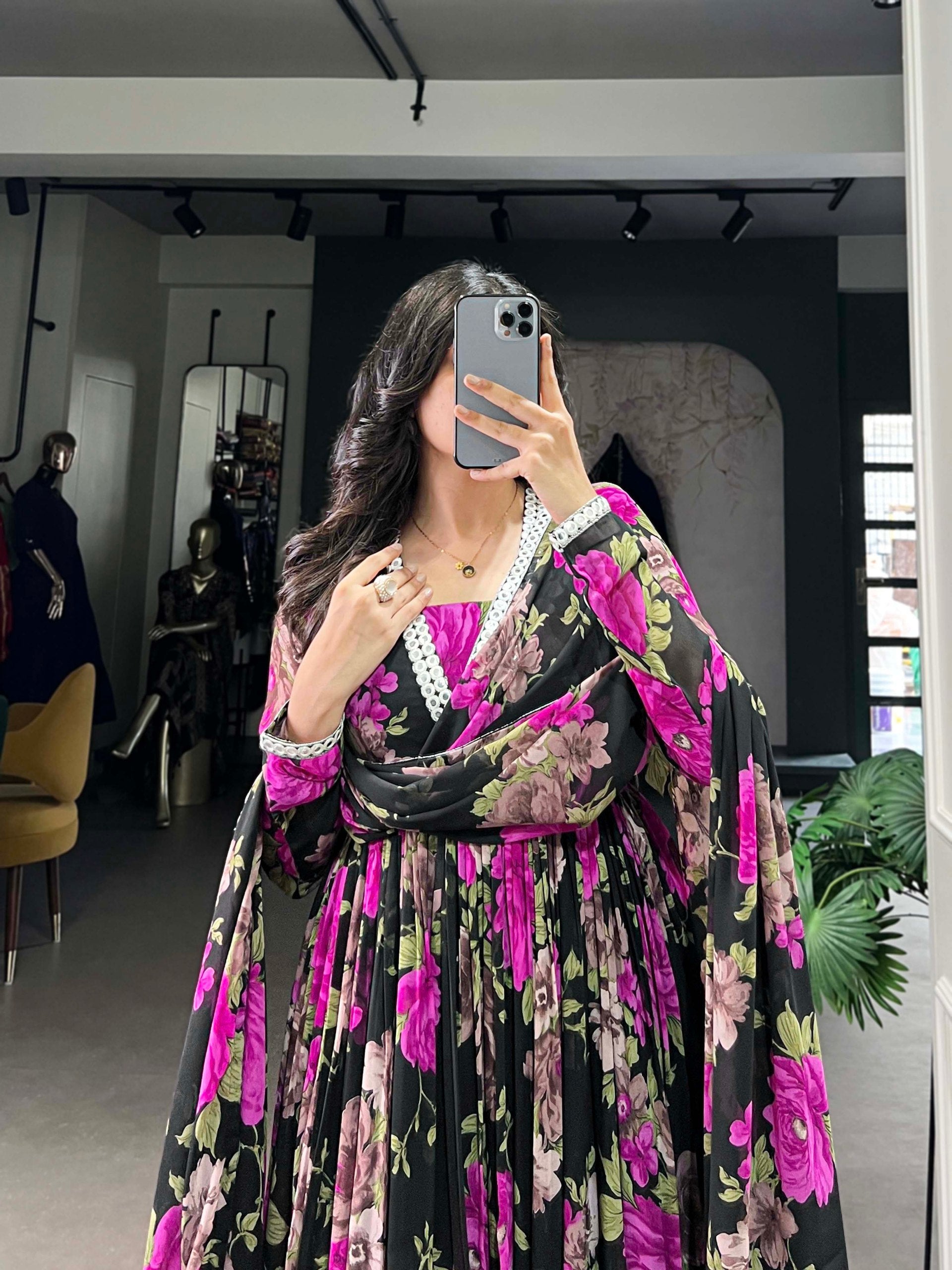Georgette Floral Print Casual Wear Gown With Dupatta