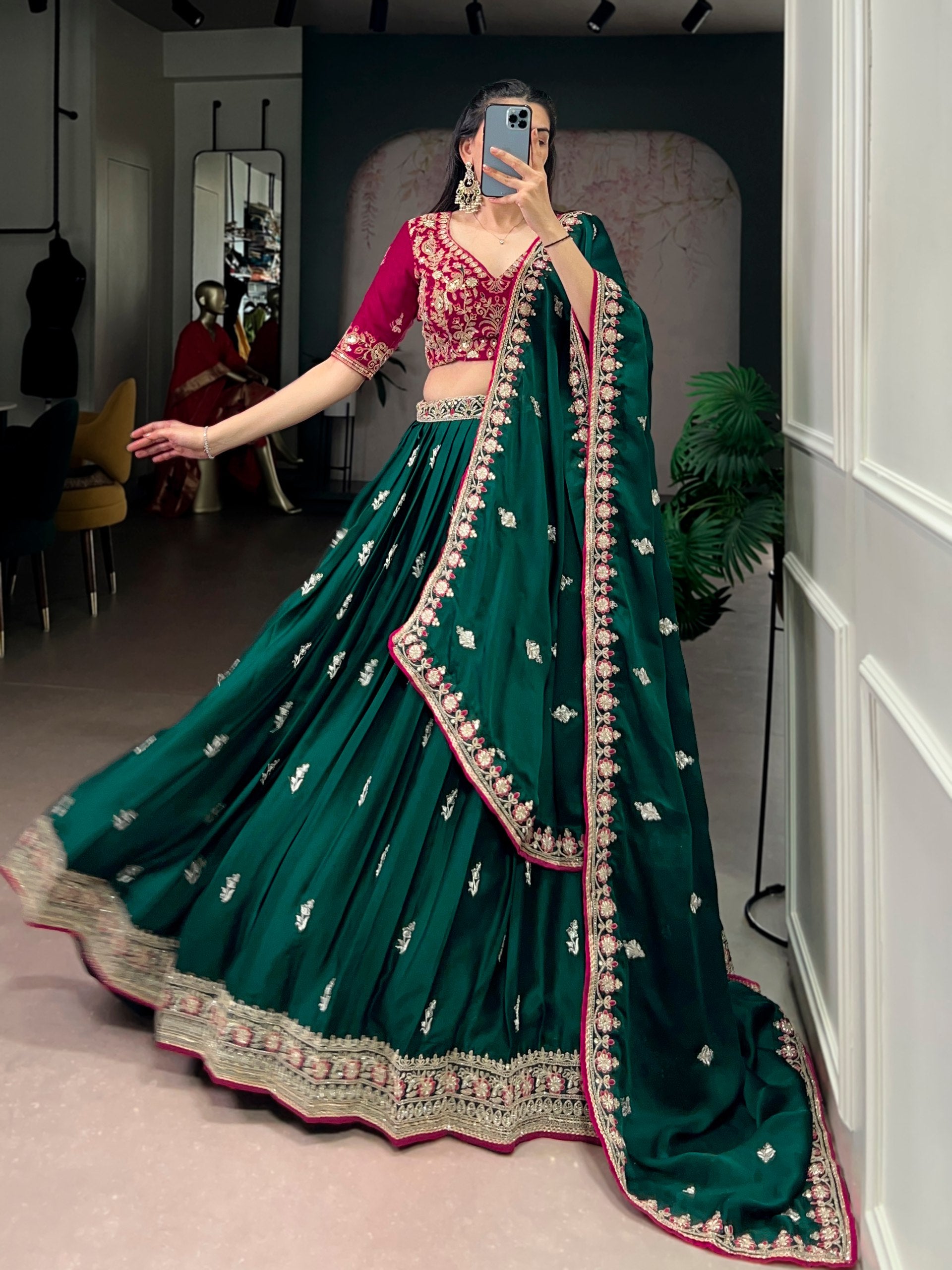 Green Silk Embroidered Wedding Wear Lehenga Choli for Women