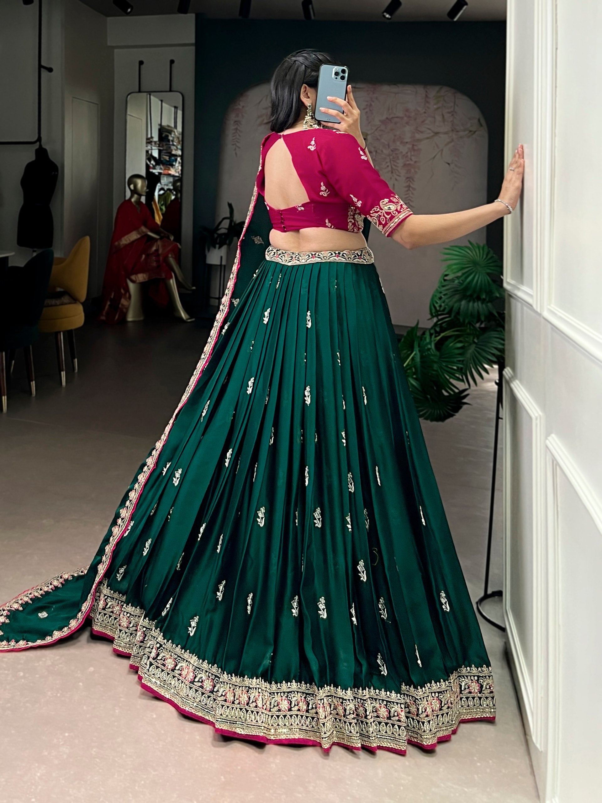 Green Silk Embroidered Wedding Wear Lehenga Choli for Women