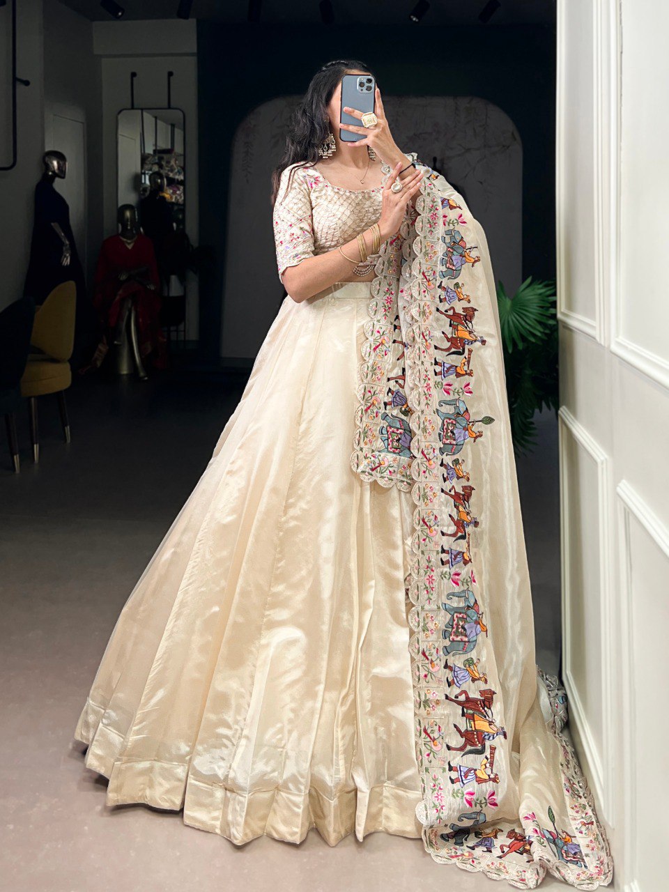 Off-White Silk Sequins Choli Wedding Lehenga