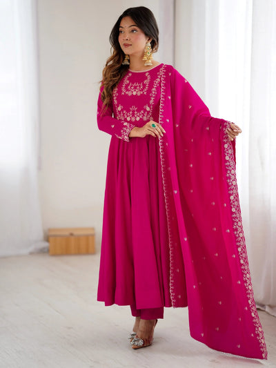 Glowing Pink Beads Work Chanderi Silk Festival Wear Anarkali Suit for Women
