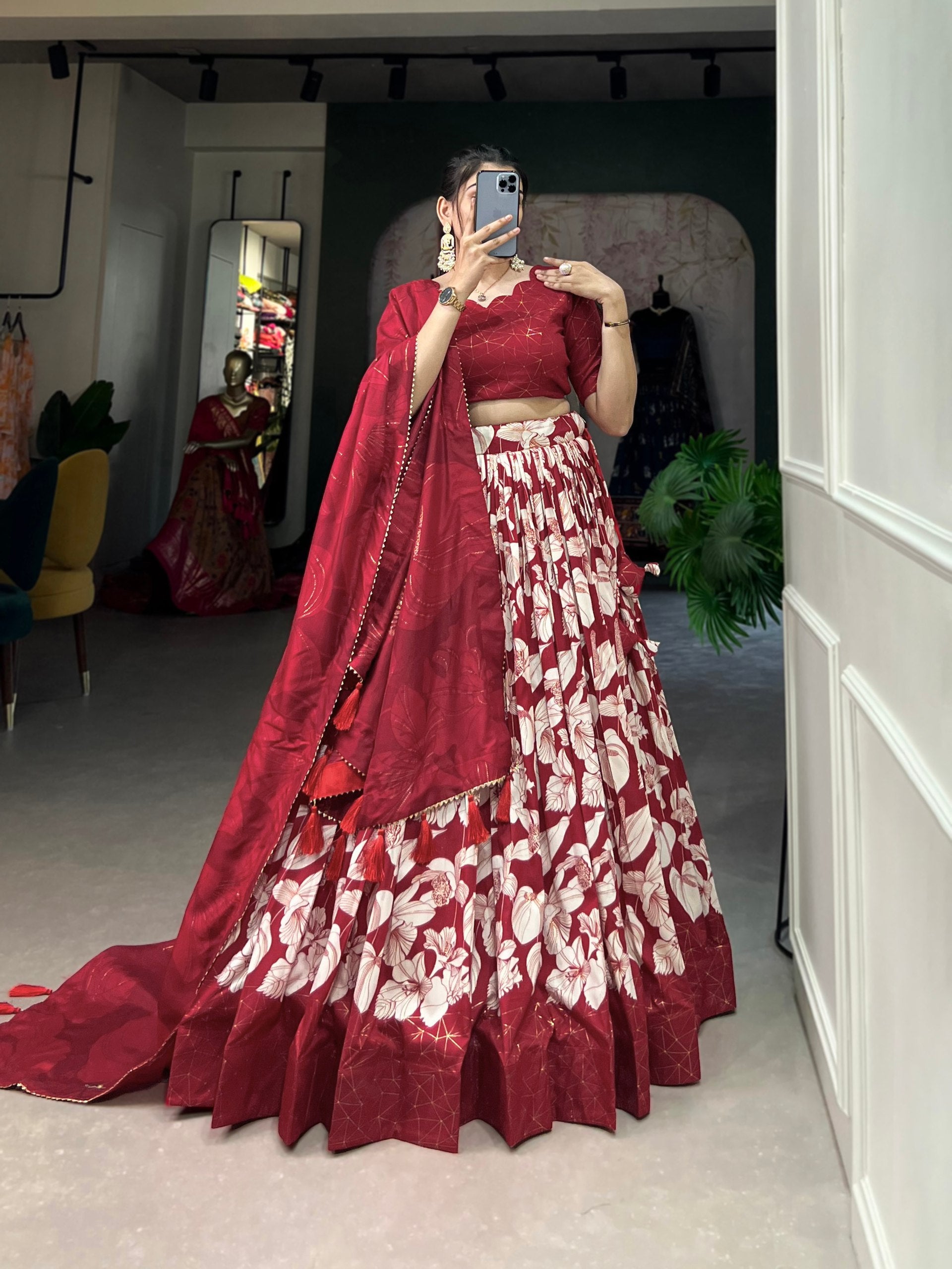 Red Tussar Silk Floral Printed Lehenga Choli With Dupatta