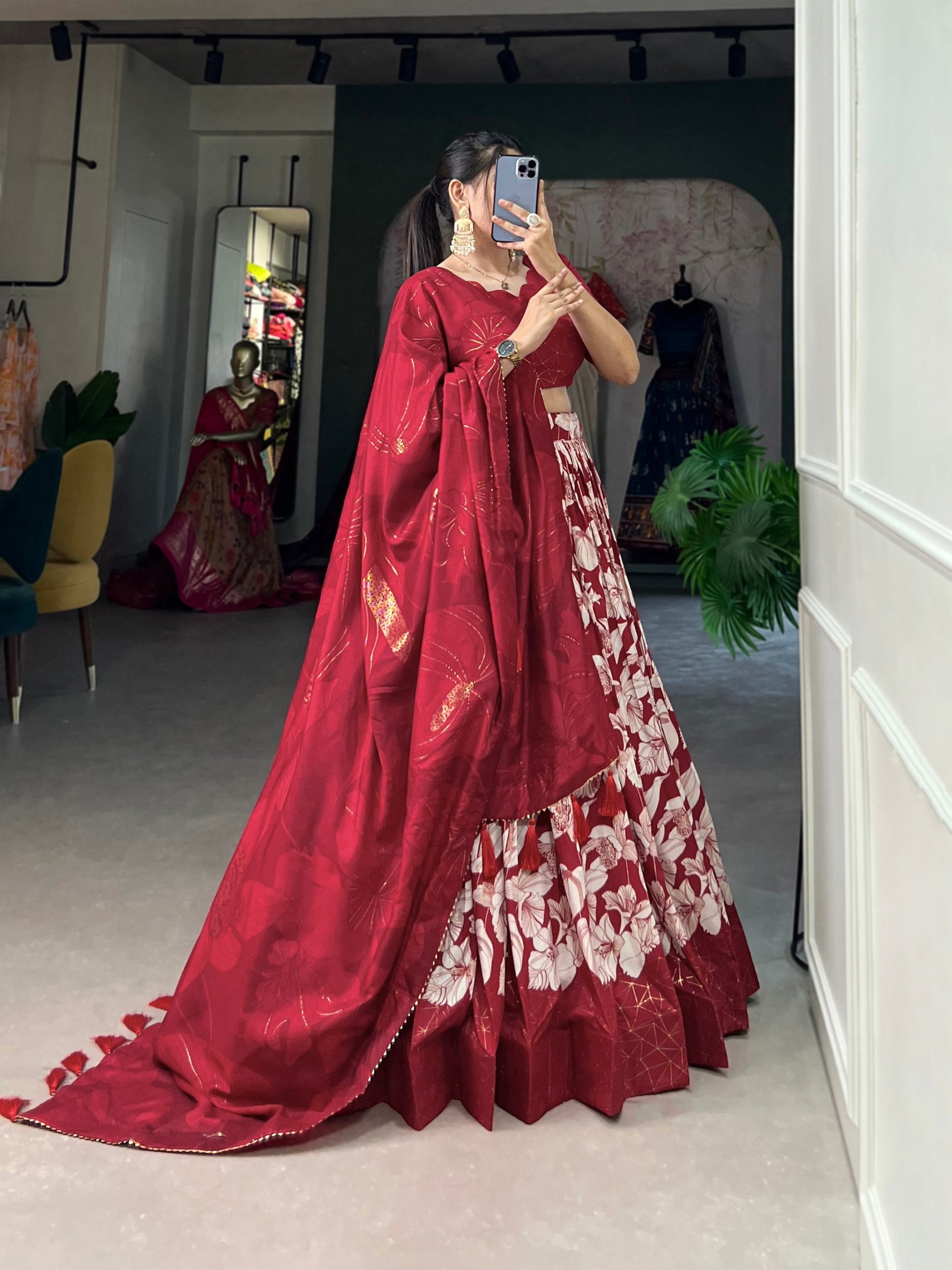 Red Tussar Silk Floral Printed Lehenga Choli With Dupatta