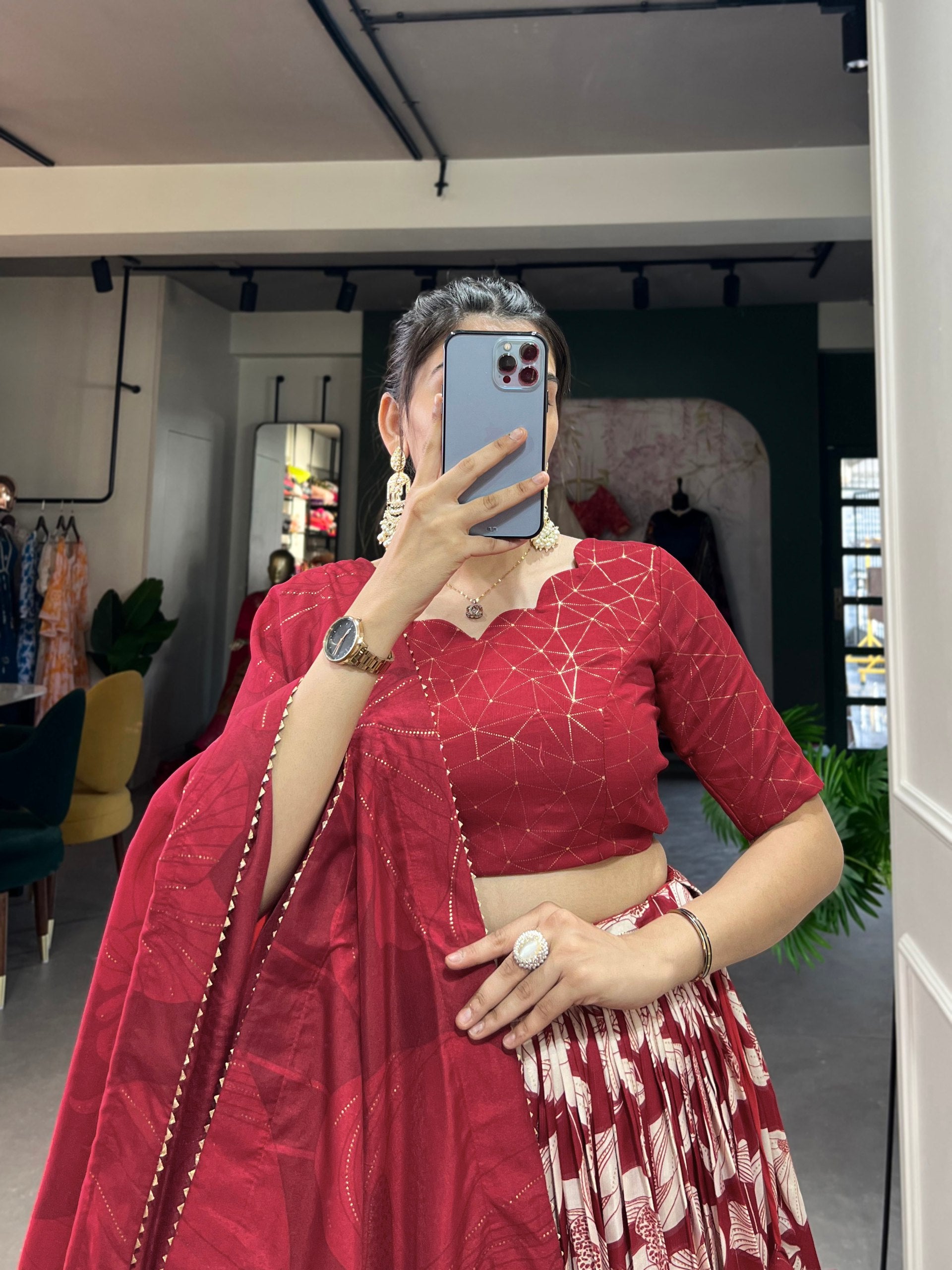 Red Tussar Silk Floral Printed Lehenga Choli With Dupatta