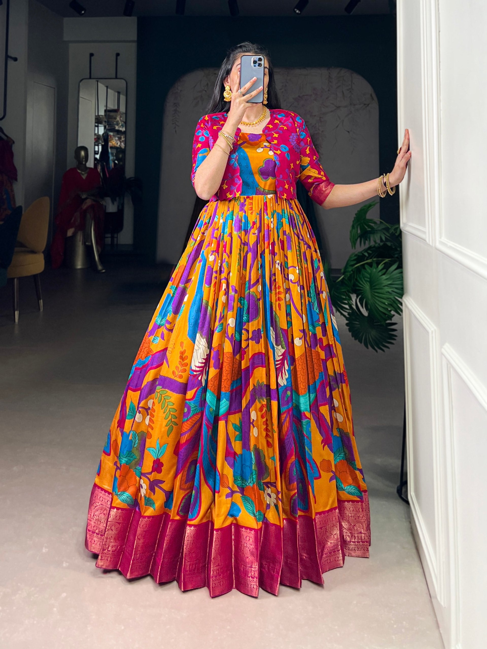 Silk Kalamkari Printed Wedding Wear Gown With Koti
