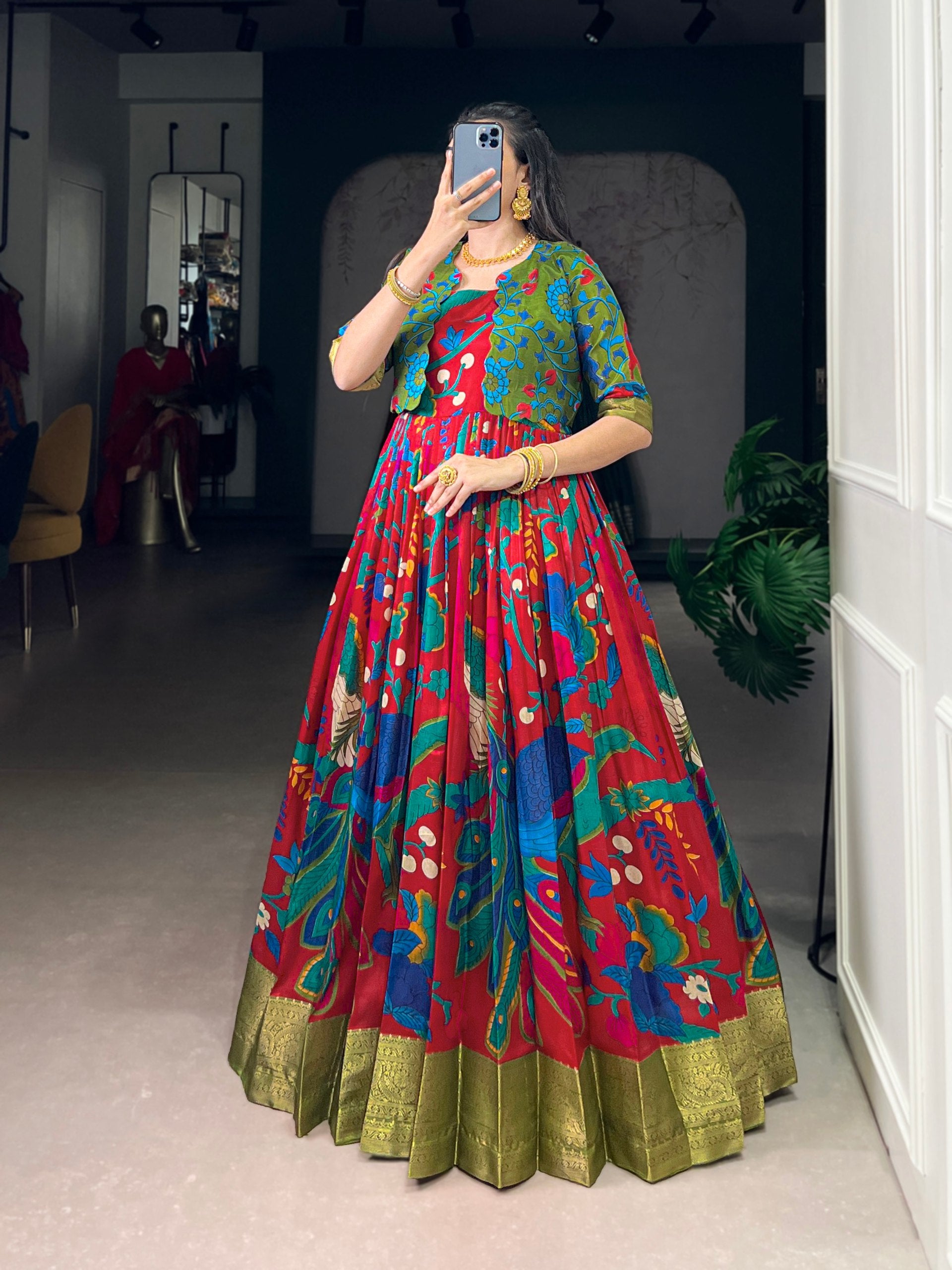 Silk Kalamkari Printed Wedding Wear Gown With Koti
