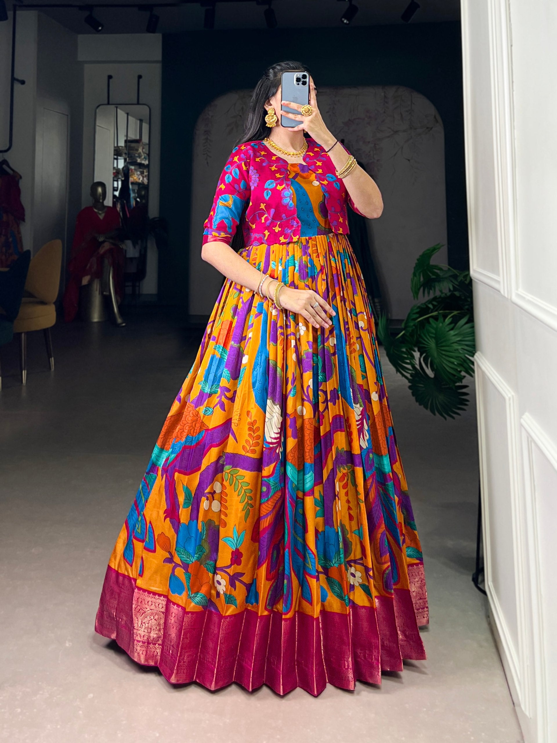 Silk Kalamkari Printed Wedding Wear Gown With Koti