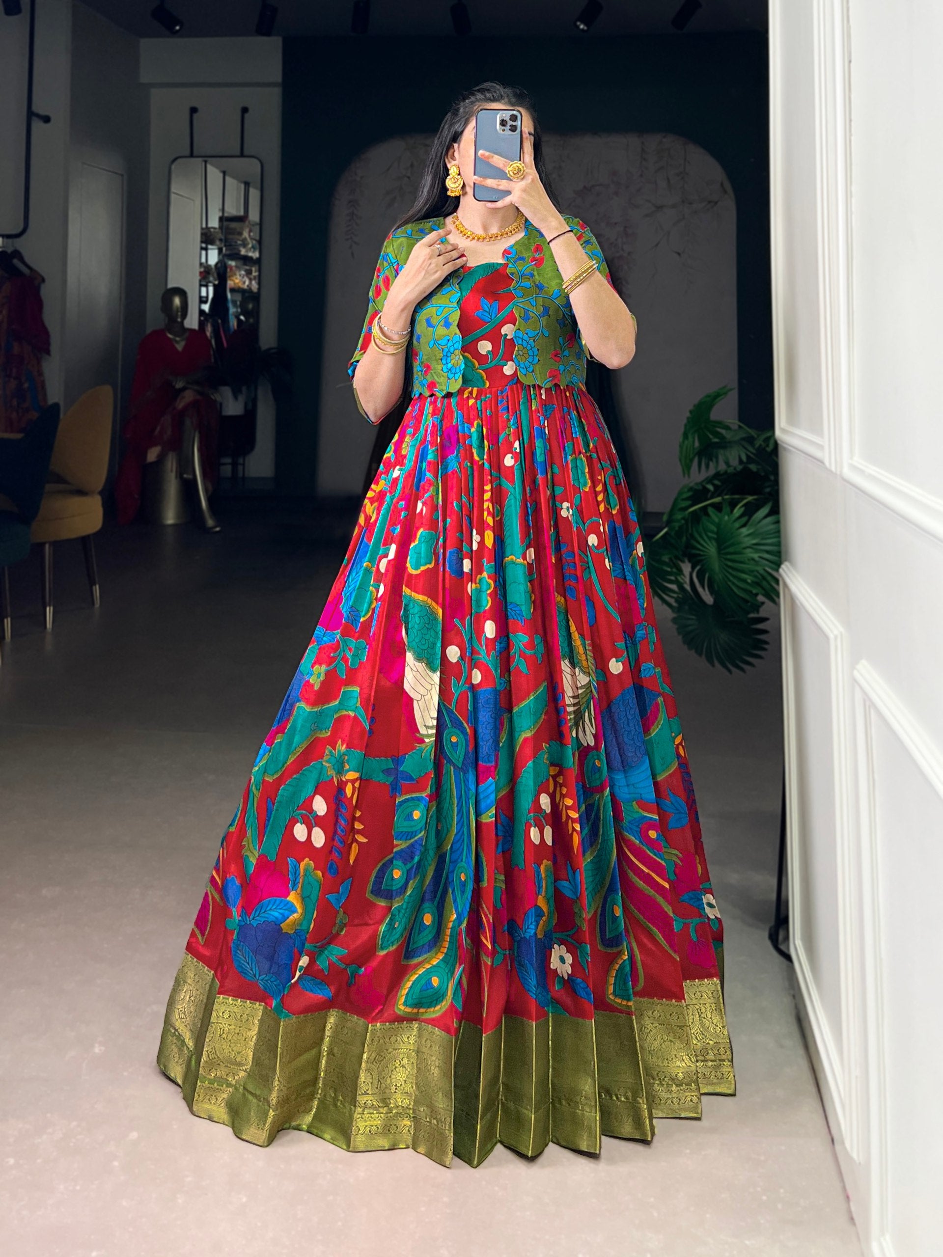 Silk Kalamkari Printed Wedding Wear Gown With Koti