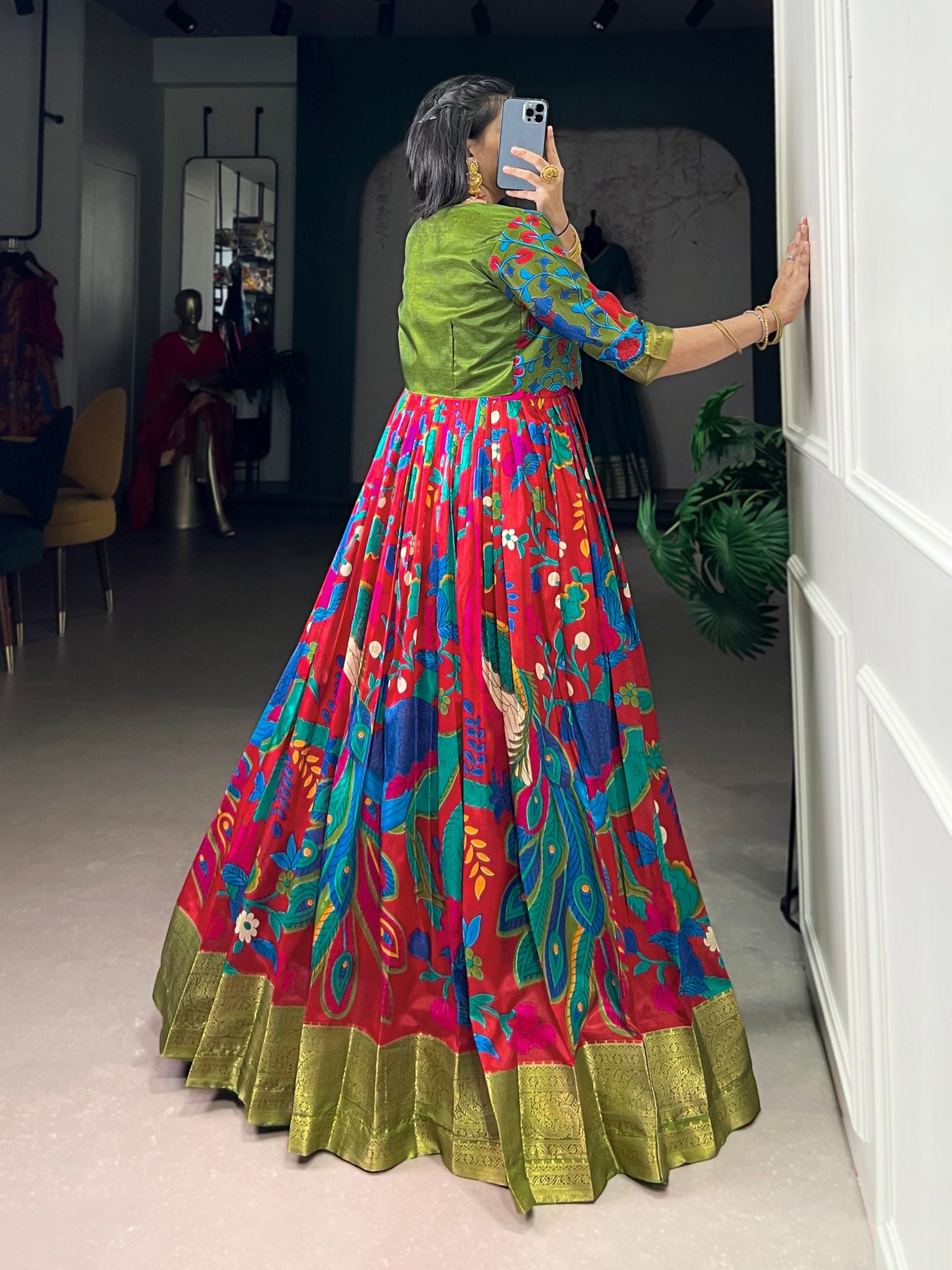 Silk Kalamkari Printed Wedding Wear Gown With Koti