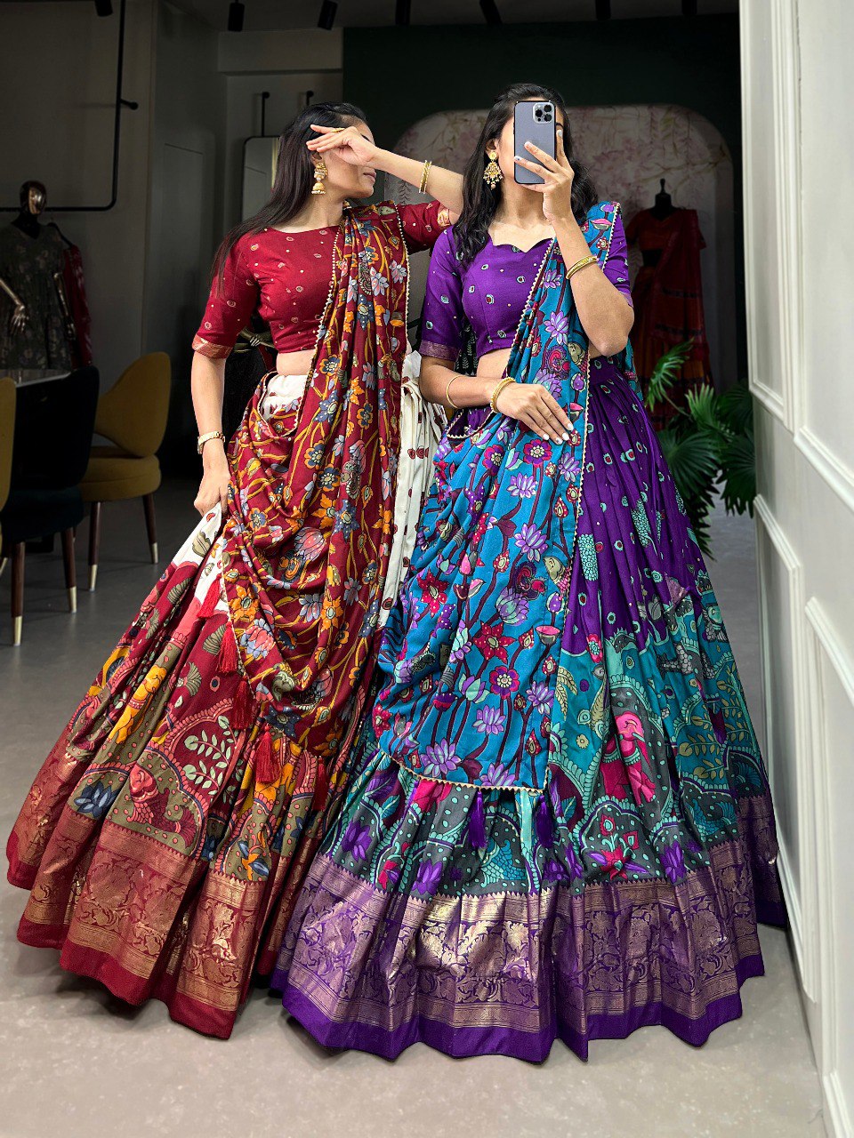 Tussar Silk Kalamkari Printed Festival Lehenga Choli