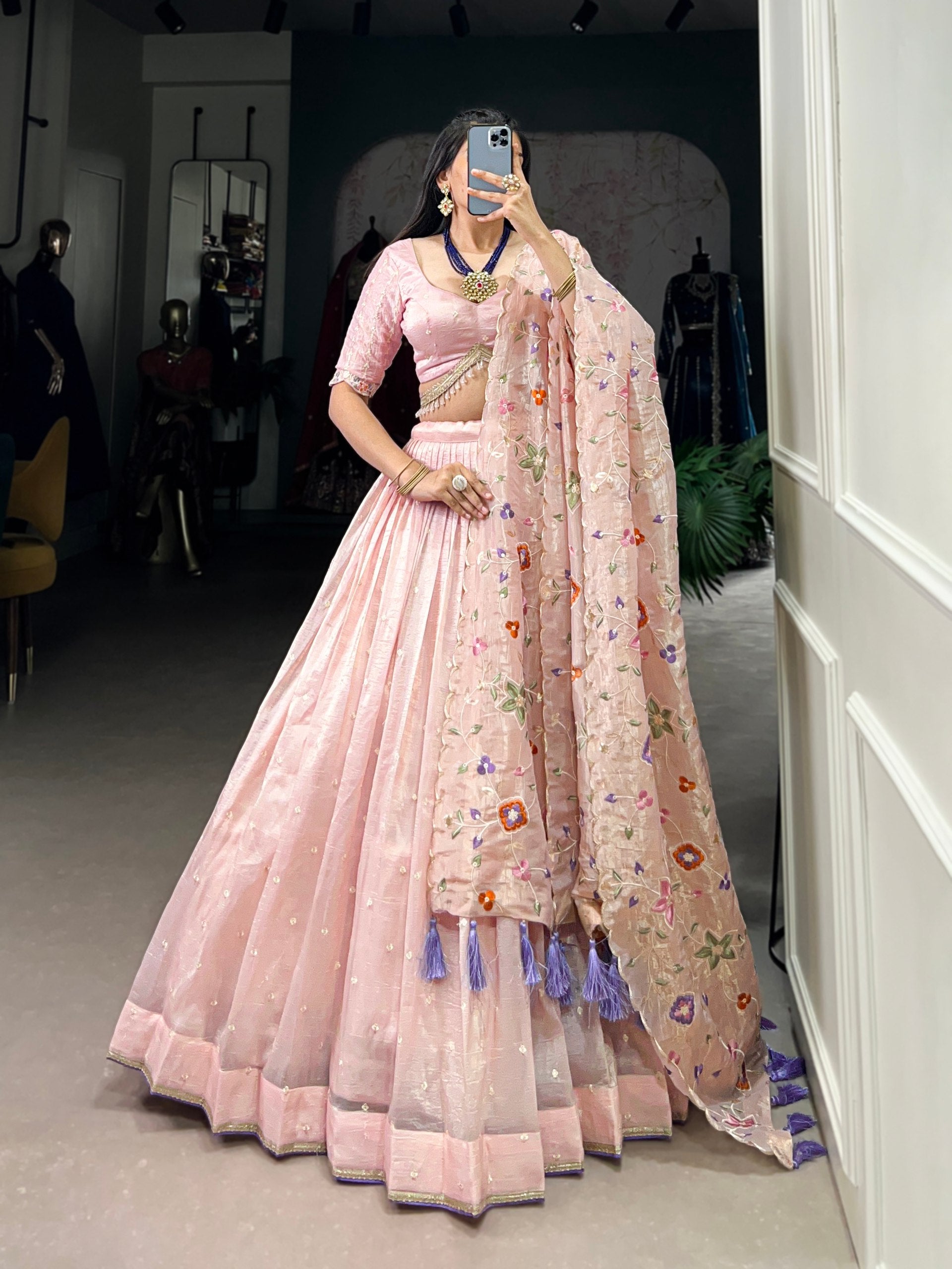 Light Pink Silk Floral Embroidered Lehenga Choli With Dupatta