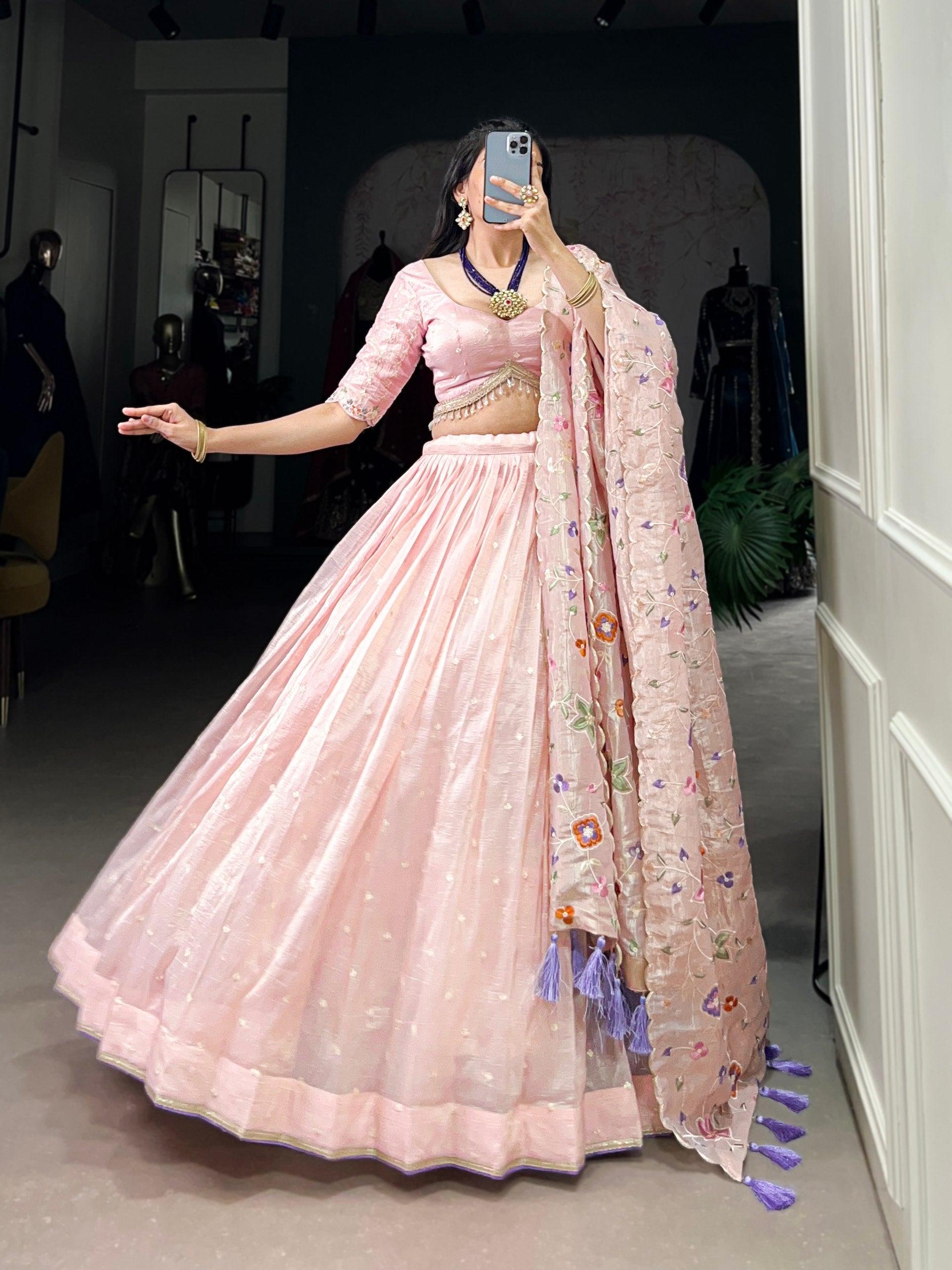 Light Pink Silk Floral Embroidered Lehenga Choli With Dupatta