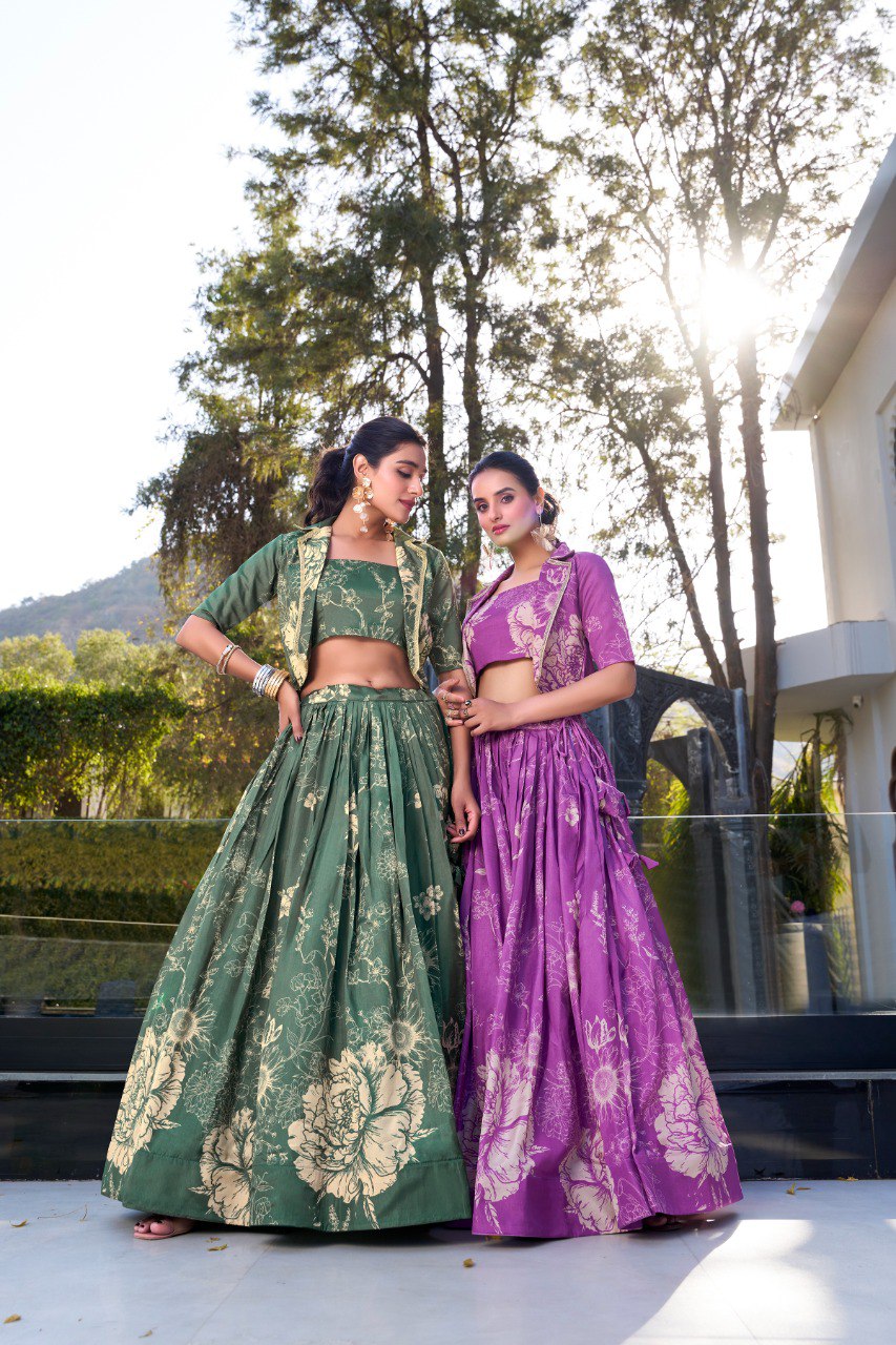 Tussar Silk Printed Cocktail Crop Top Lehenga With Jacket
