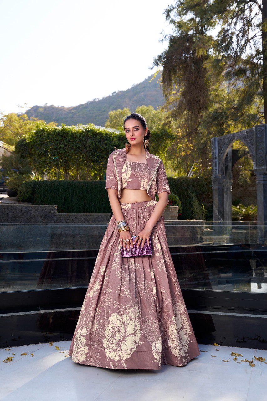 Tussar Silk Printed Cocktail Crop Top Lehenga With Jacket