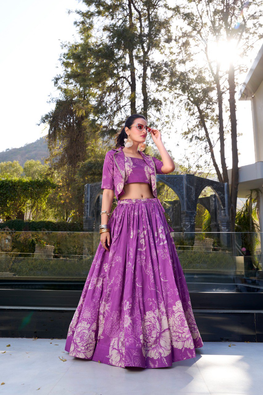 Tussar Silk Printed Cocktail Crop Top Lehenga With Jacket