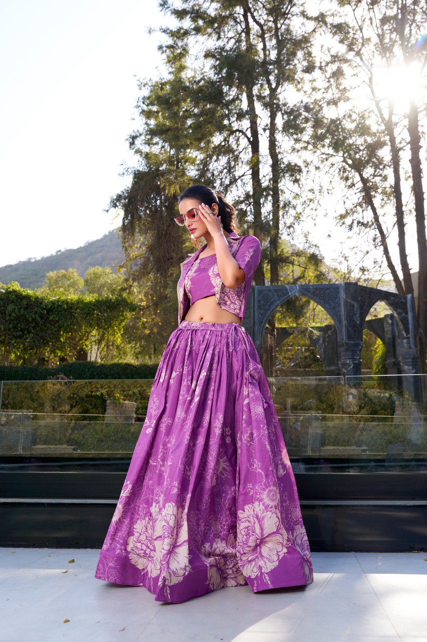 Tussar Silk Printed Cocktail Crop Top Lehenga With Jacket