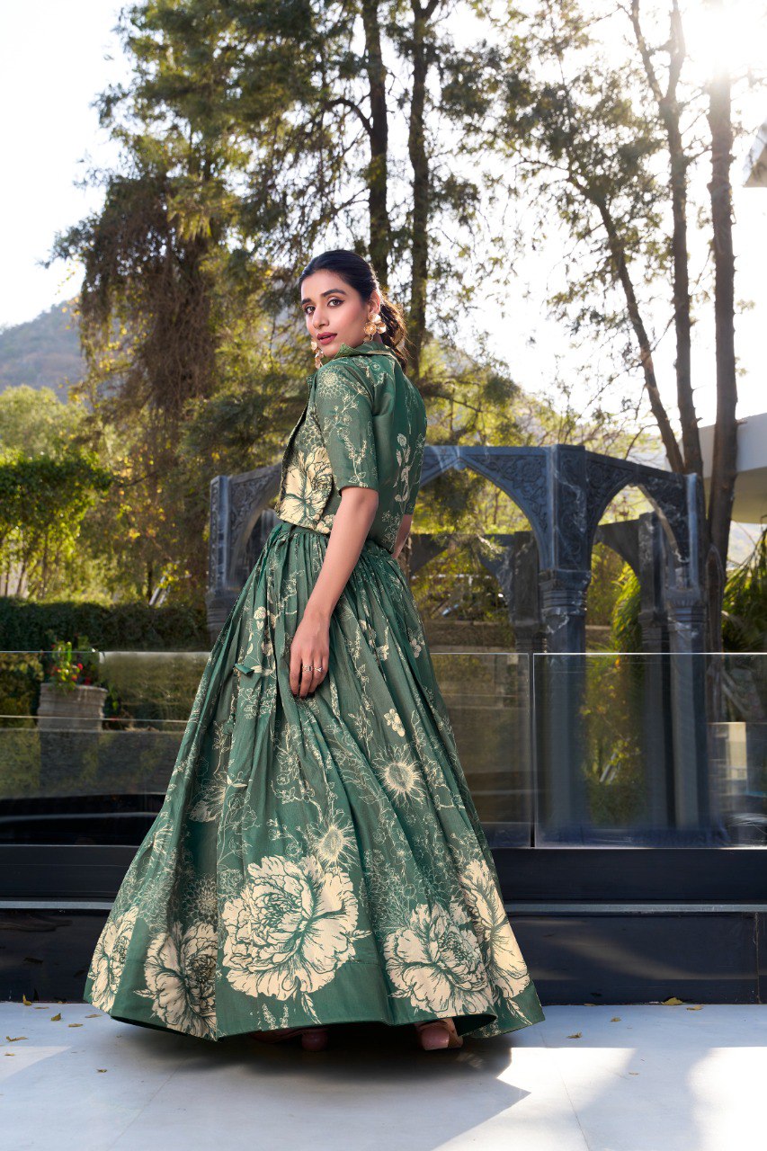 Tussar Silk Printed Cocktail Crop Top Lehenga With Jacket
