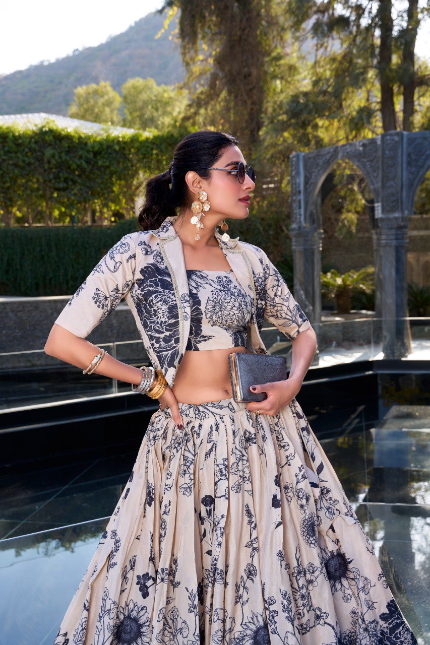 Tussar Silk Printed Cocktail Crop Top Lehenga With Jacket