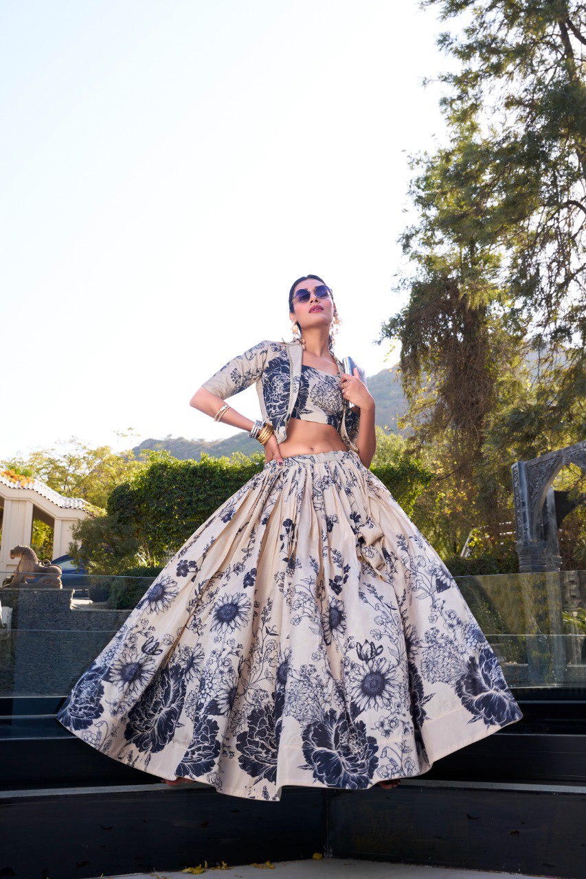 Tussar Silk Printed Cocktail Crop Top Lehenga With Jacket