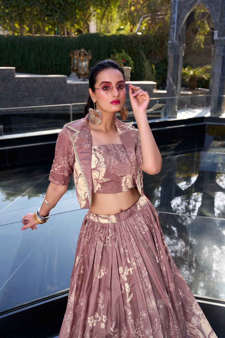 Tussar Silk Printed Cocktail Crop Top Lehenga With Jacket