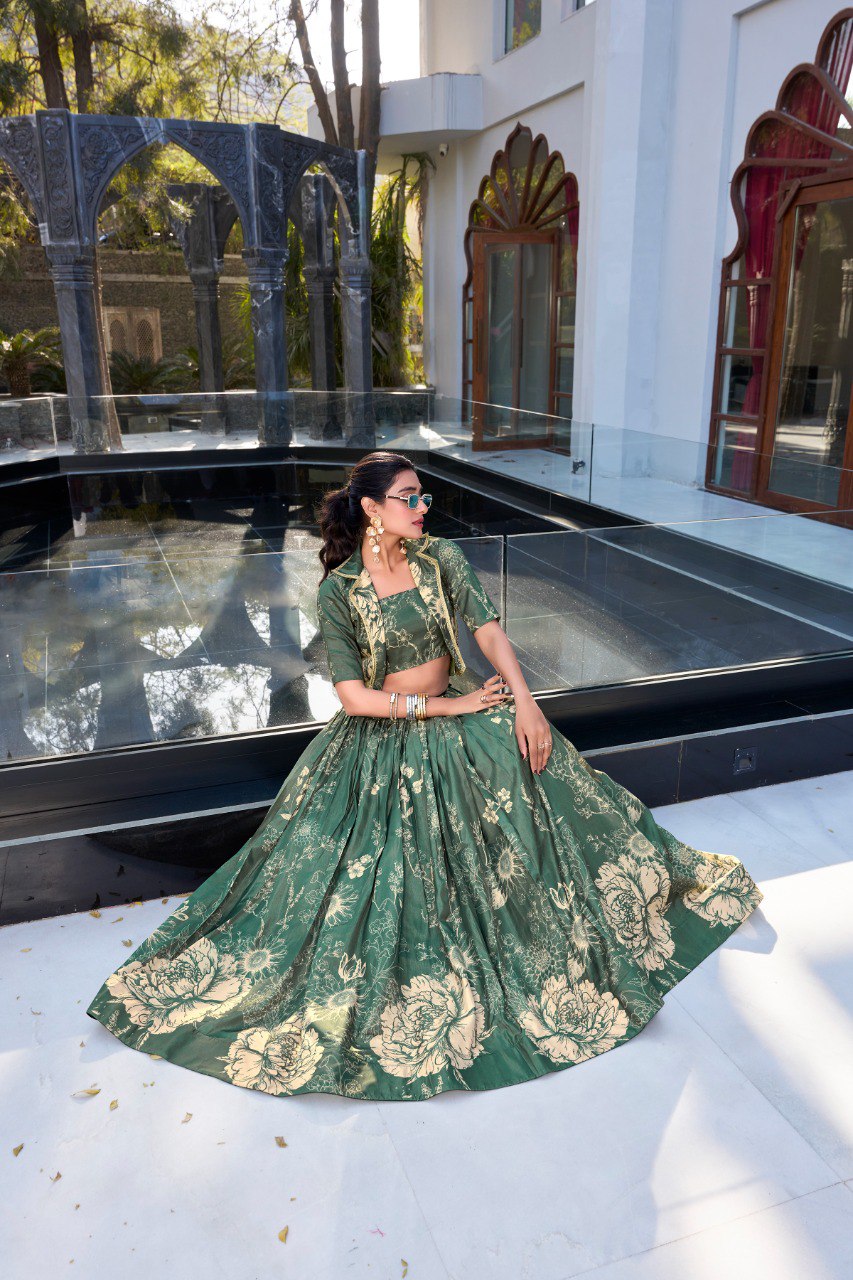 Tussar Silk Printed Cocktail Crop Top Lehenga With Jacket