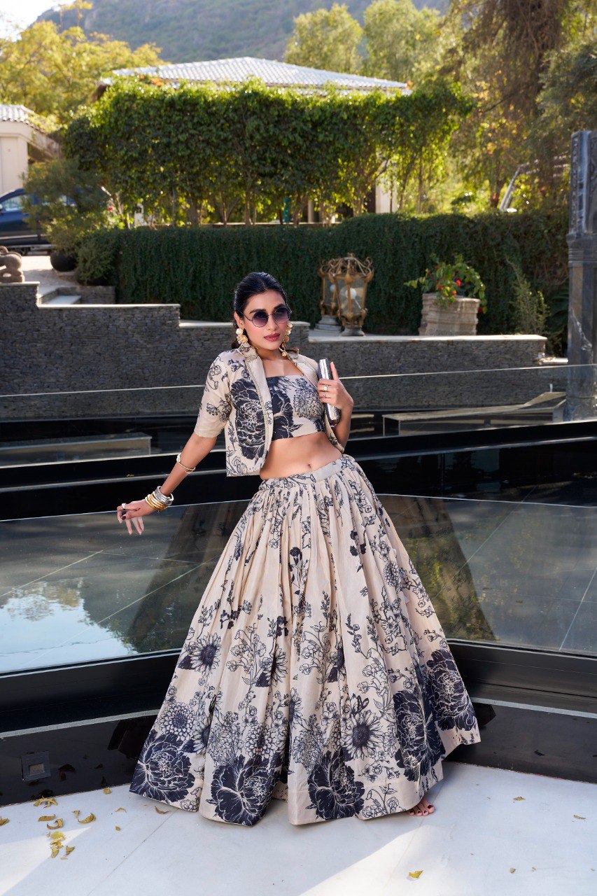 Tussar Silk Printed Cocktail Crop Top Lehenga With Jacket