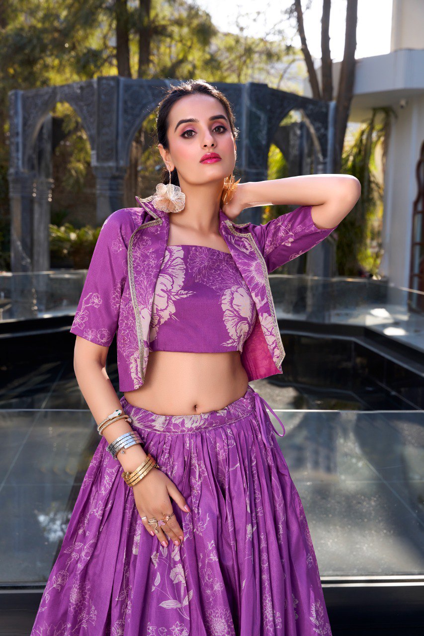 Tussar Silk Printed Cocktail Crop Top Lehenga With Jacket