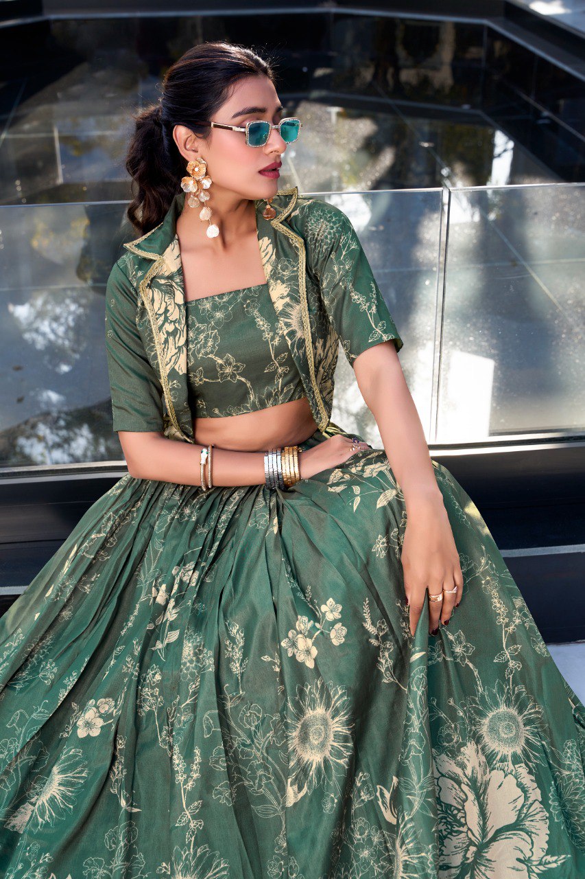 Tussar Silk Printed Cocktail Crop Top Lehenga With Jacket