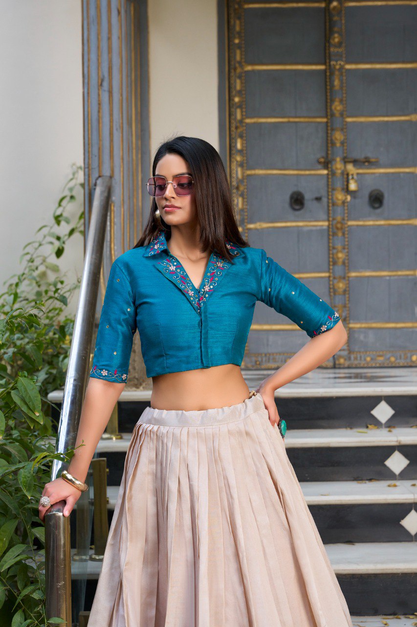 Cream Silk Floral Printed Festival Wear Crop Top Lehenga